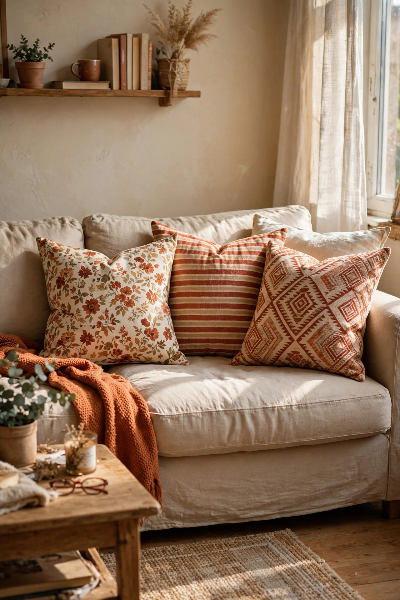 Sofa with three patterned throw pillows in warm rust tones