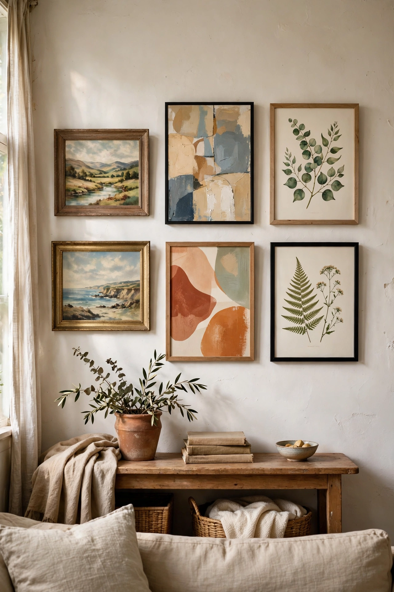 Beginner gallery wall mixing thrifted art styles with even spacing