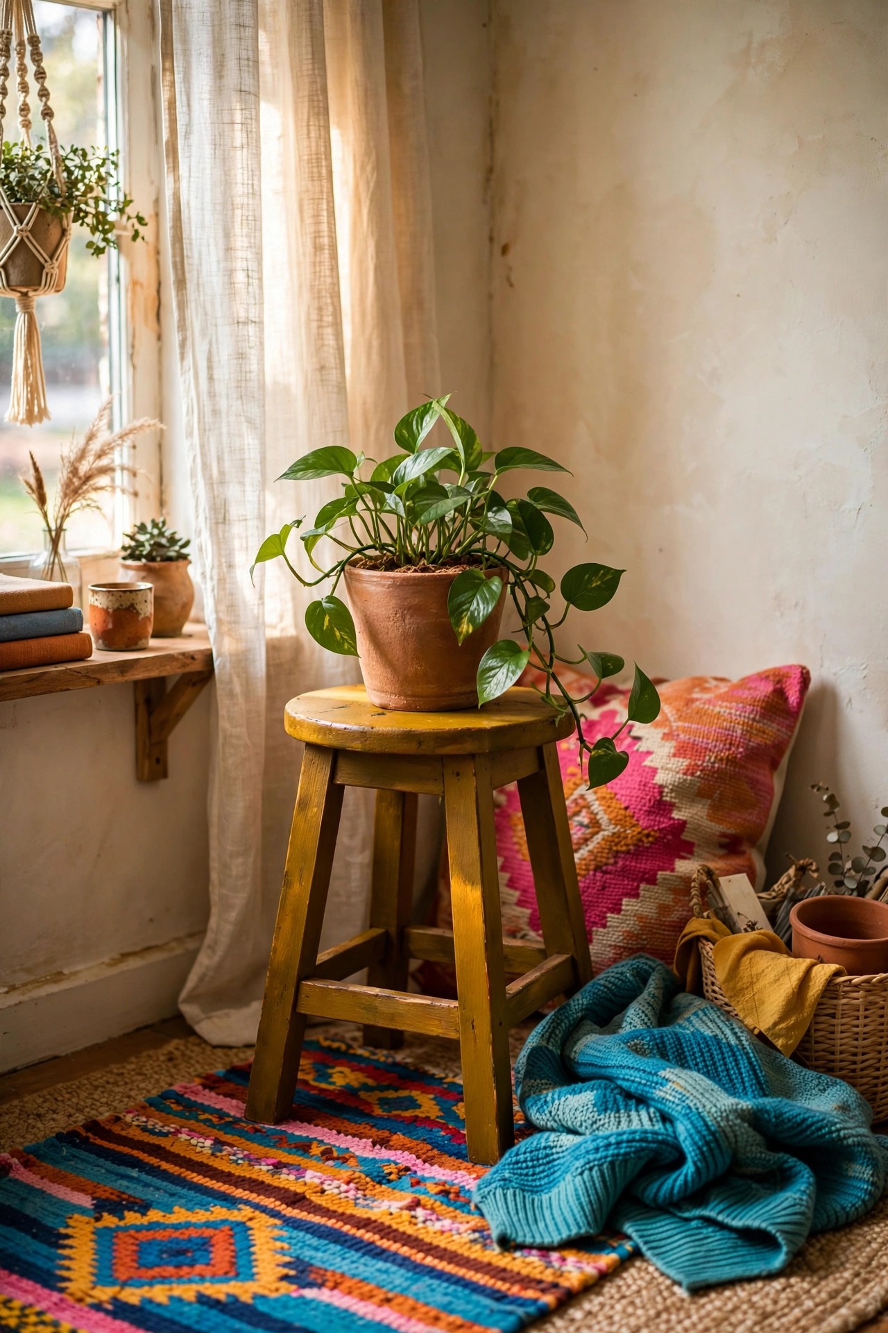 Wooden stool painted deep mustard used as a plant stand