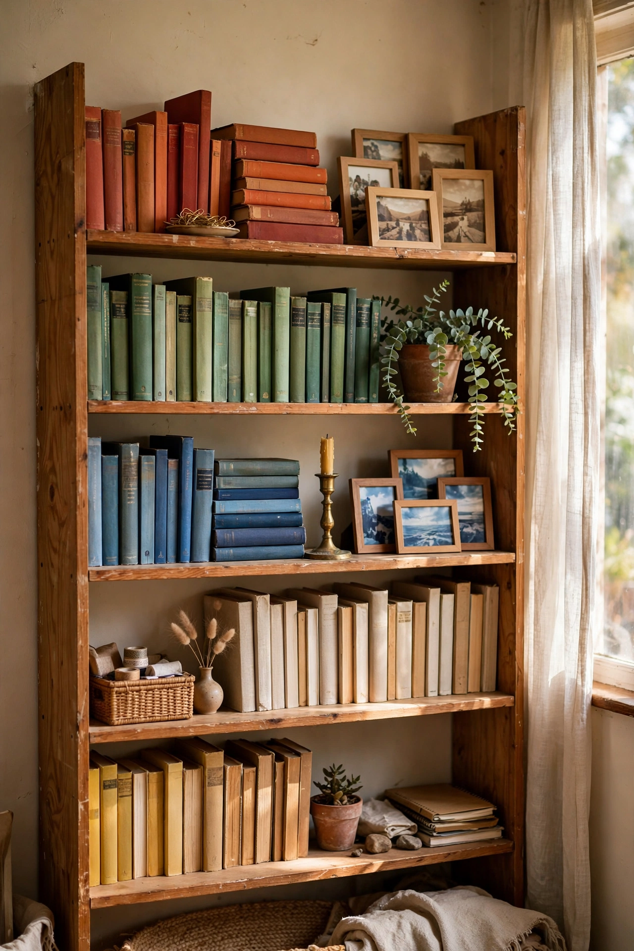 Bookshelf styled eclectically with books grouped by colour