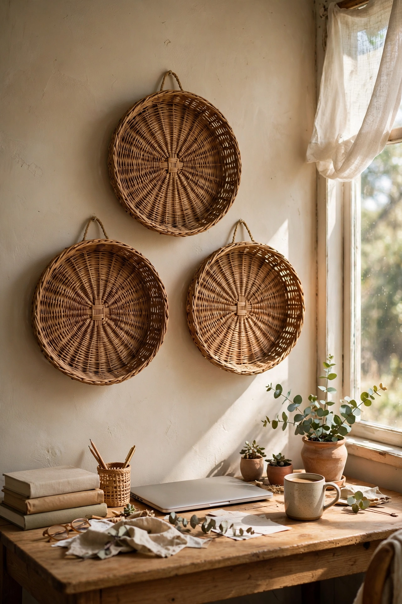 Three flat woven baskets hung in a triangle above a desk