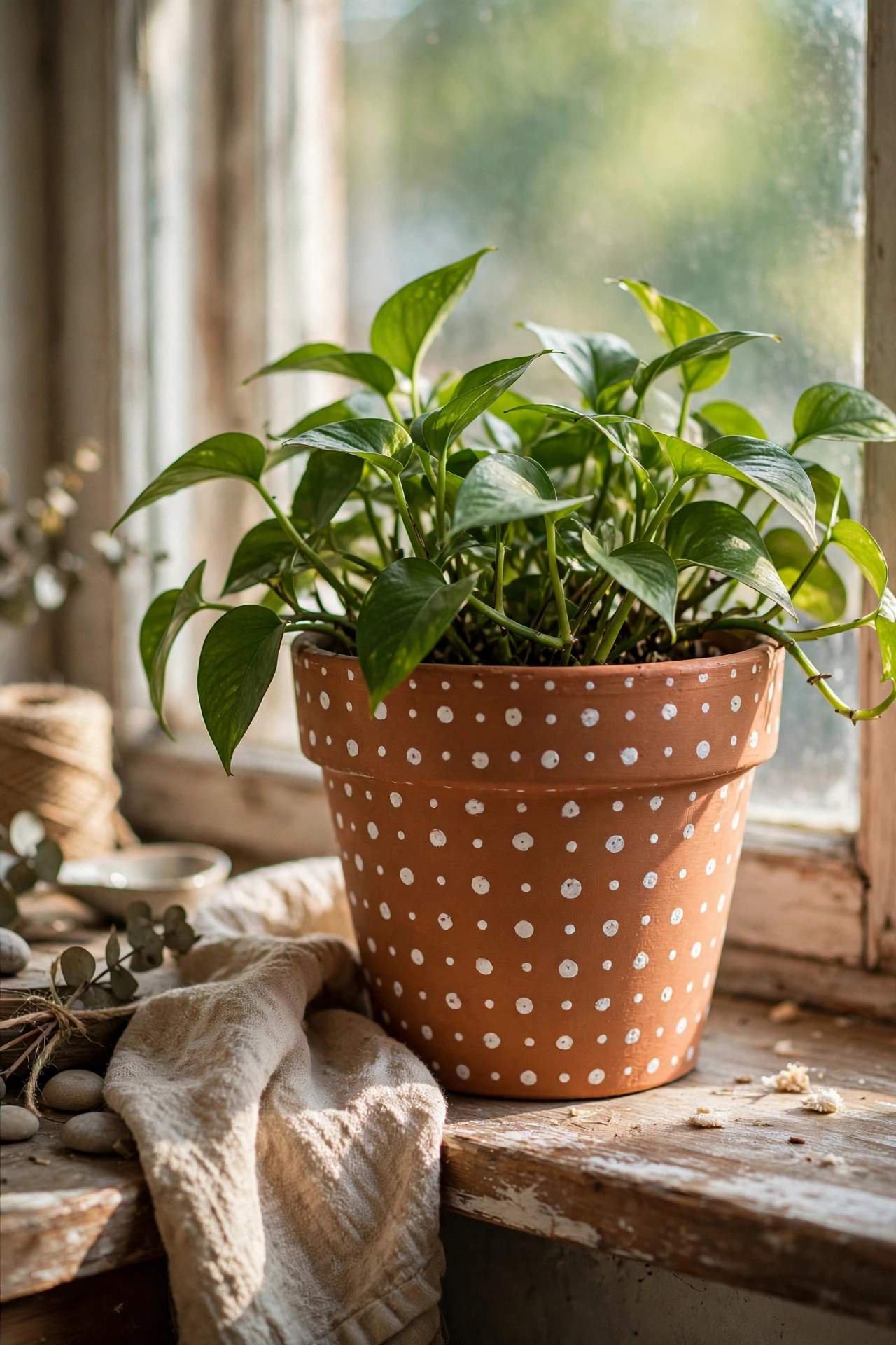Terracotta pot painted with white dots holding a green plant