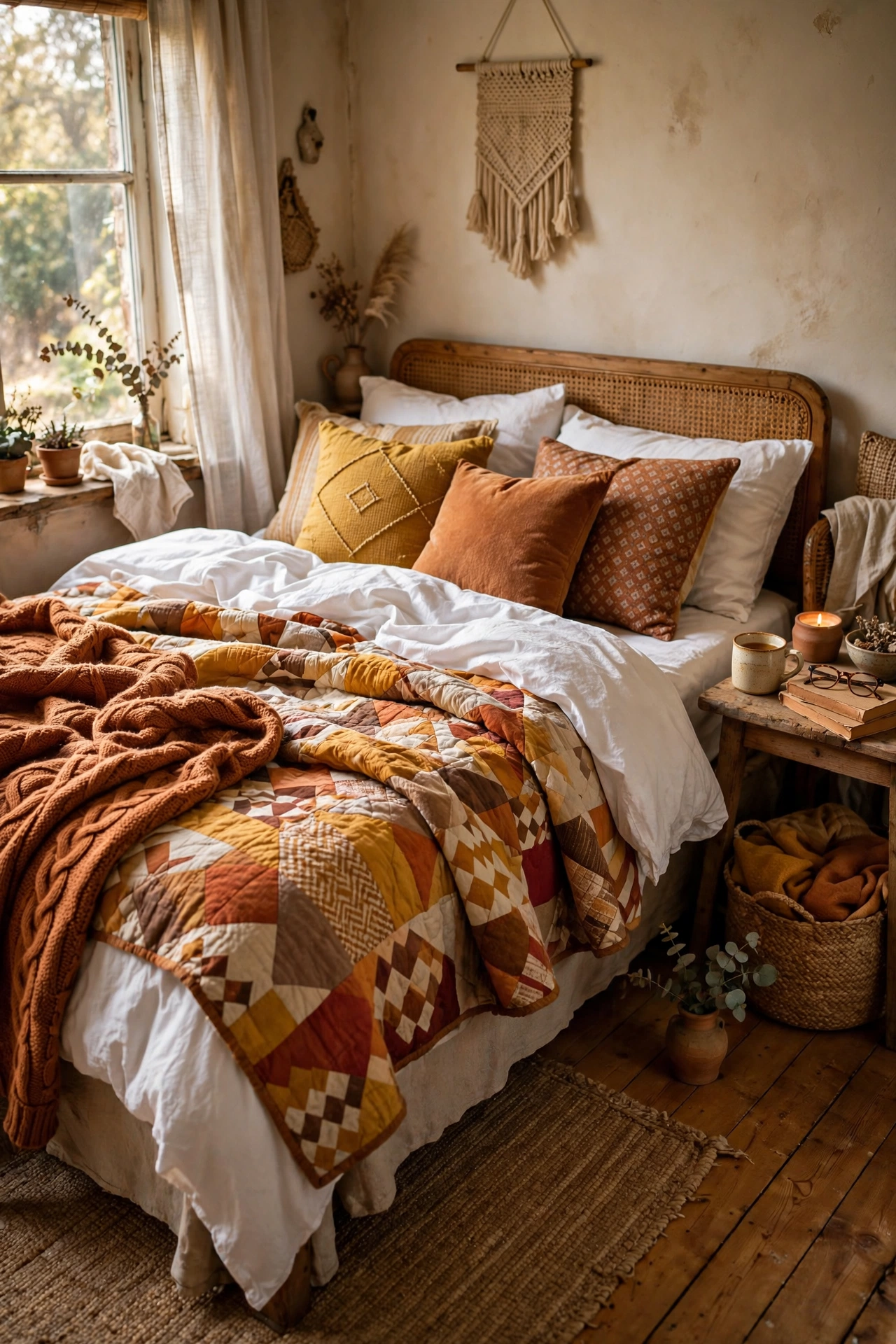 Bed layered with white sheets, patterned quilt and textured throw