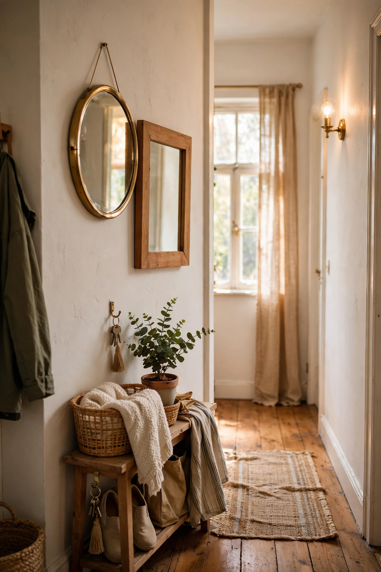 Two small vintage mirrors in different frames hung in a hallway