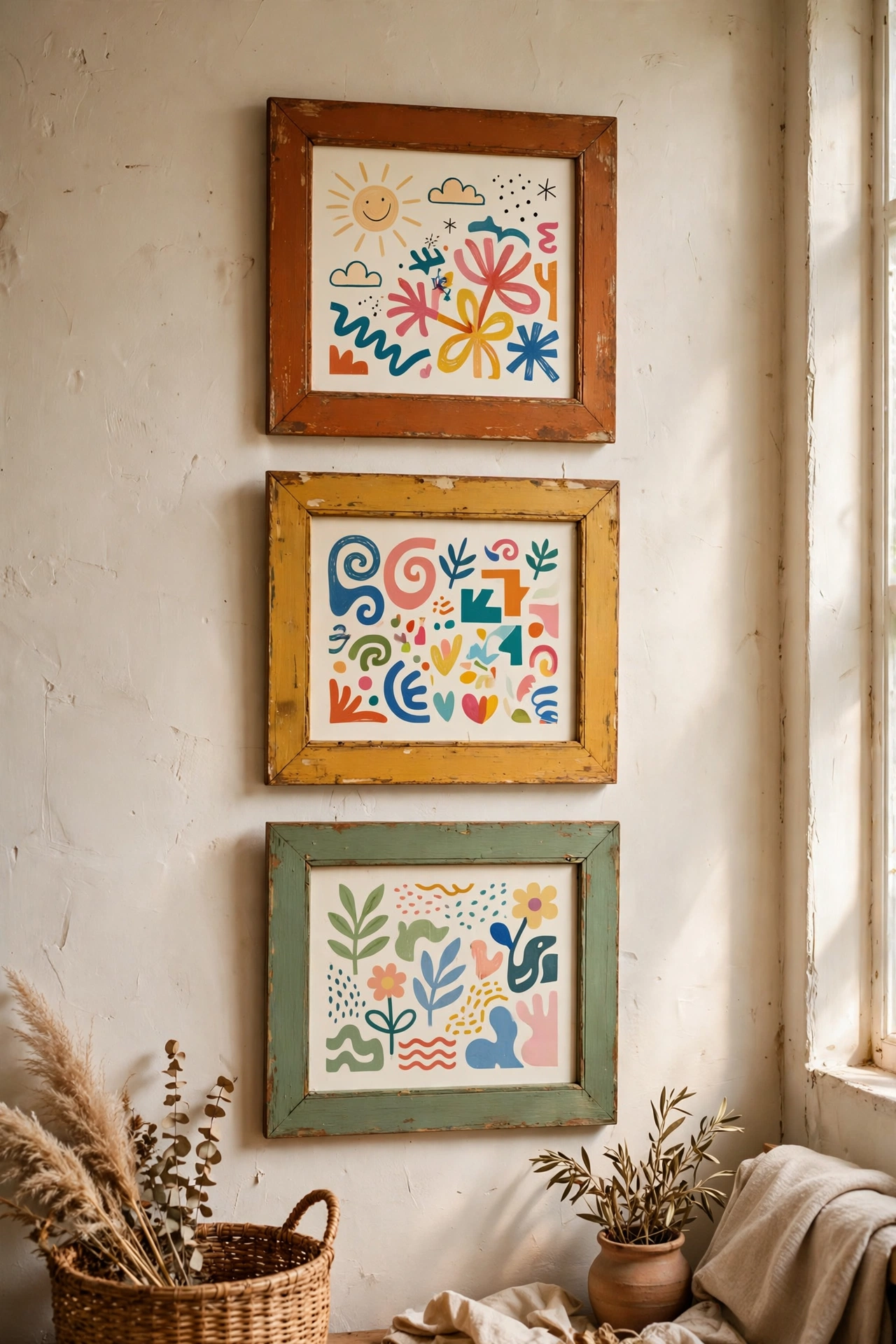 Thrifted wooden frames painted rust, ochre and sage with simple prints