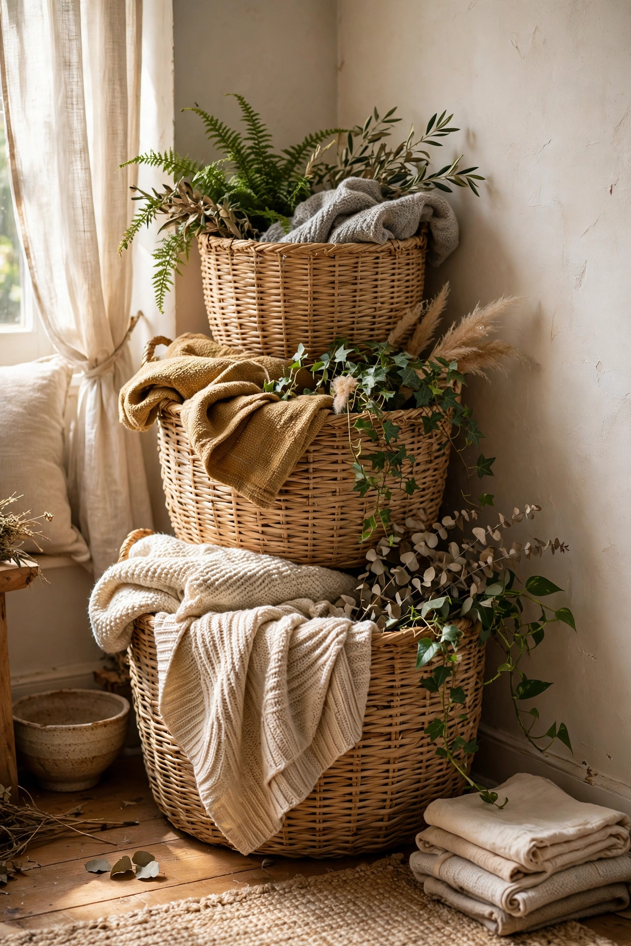 Living room corner stacked with three large natural baskets