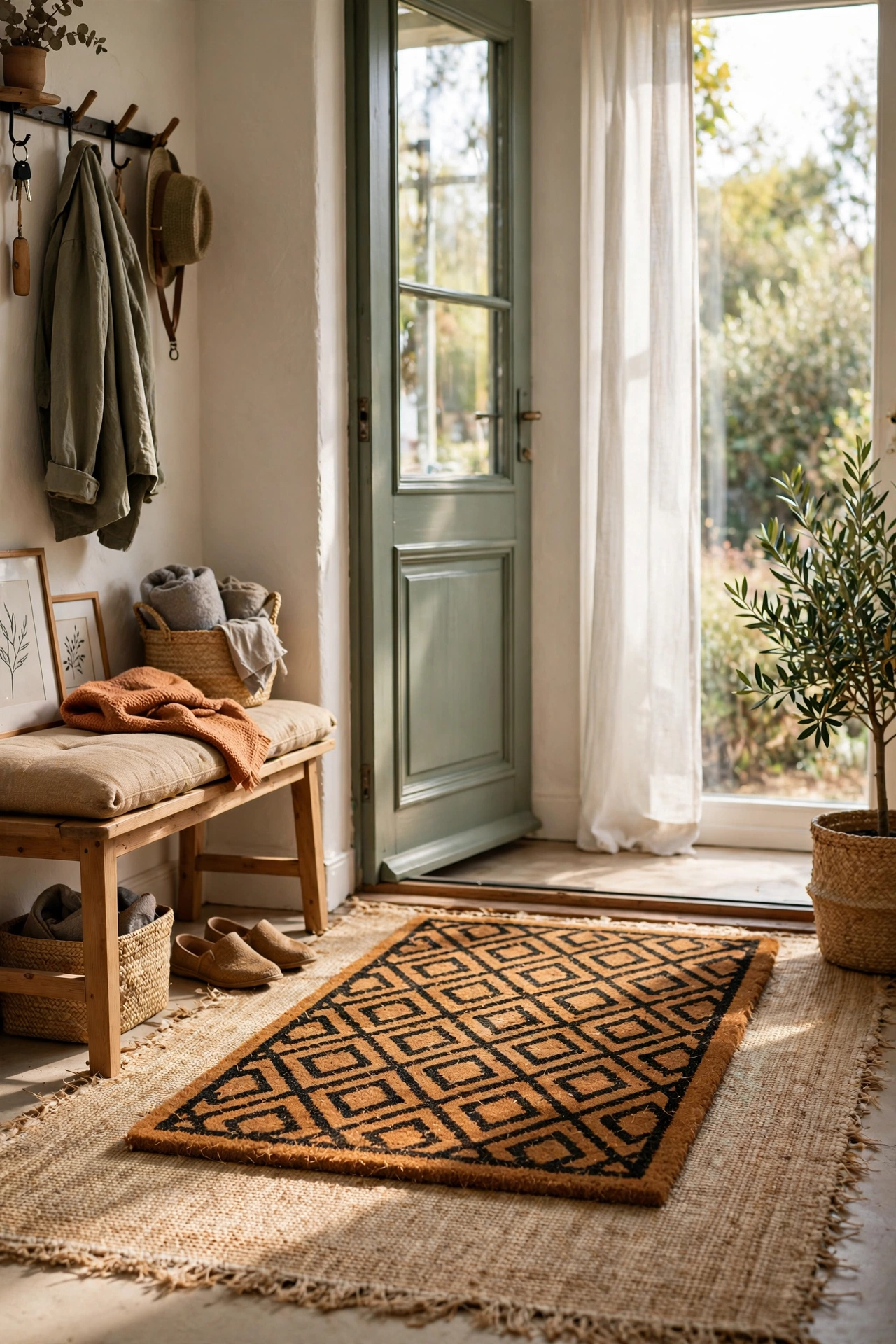 Patterned coir mat layered over a larger natural rug at a front door