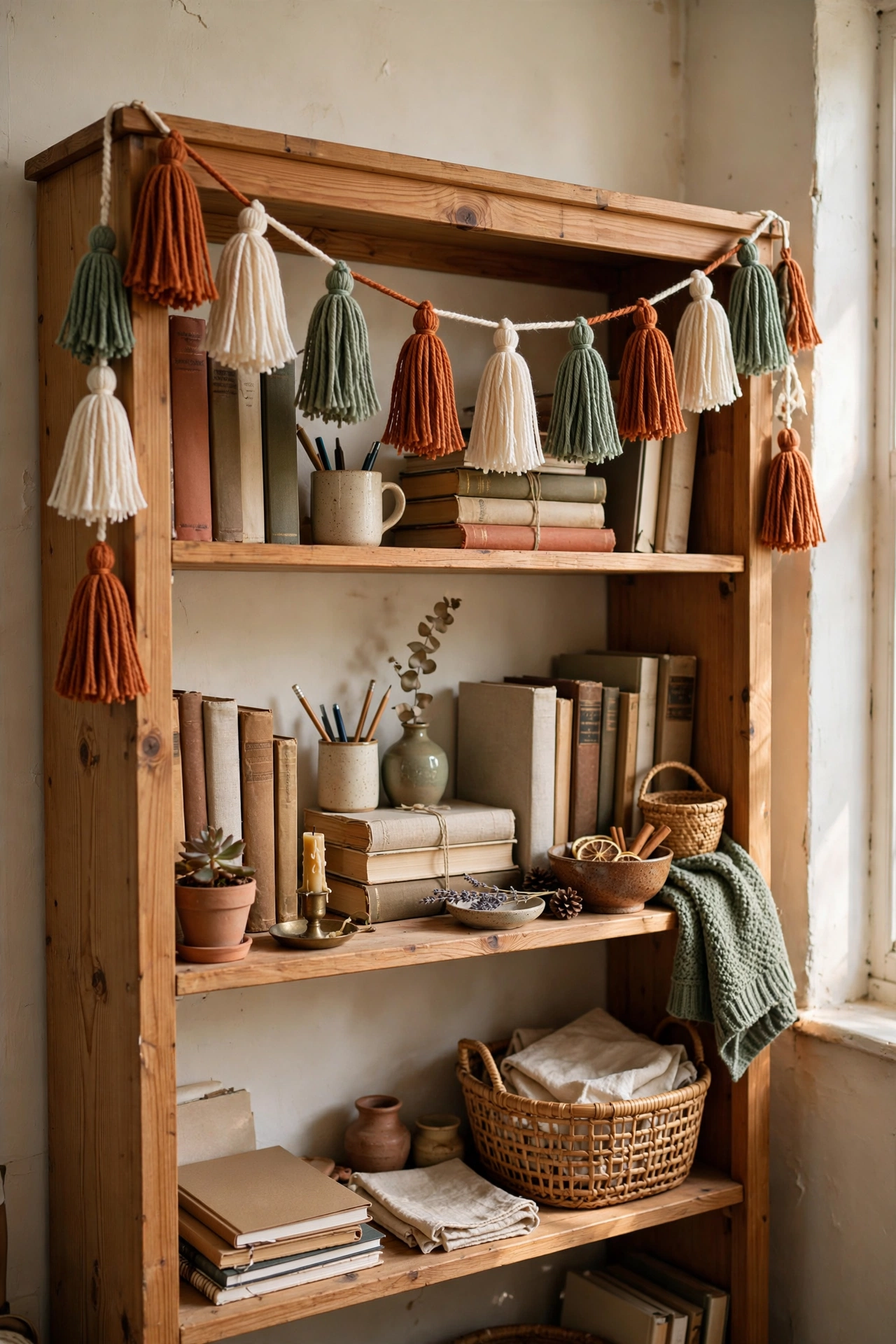 Handmade tassel garland in rust, cream and sage across a bookshelf