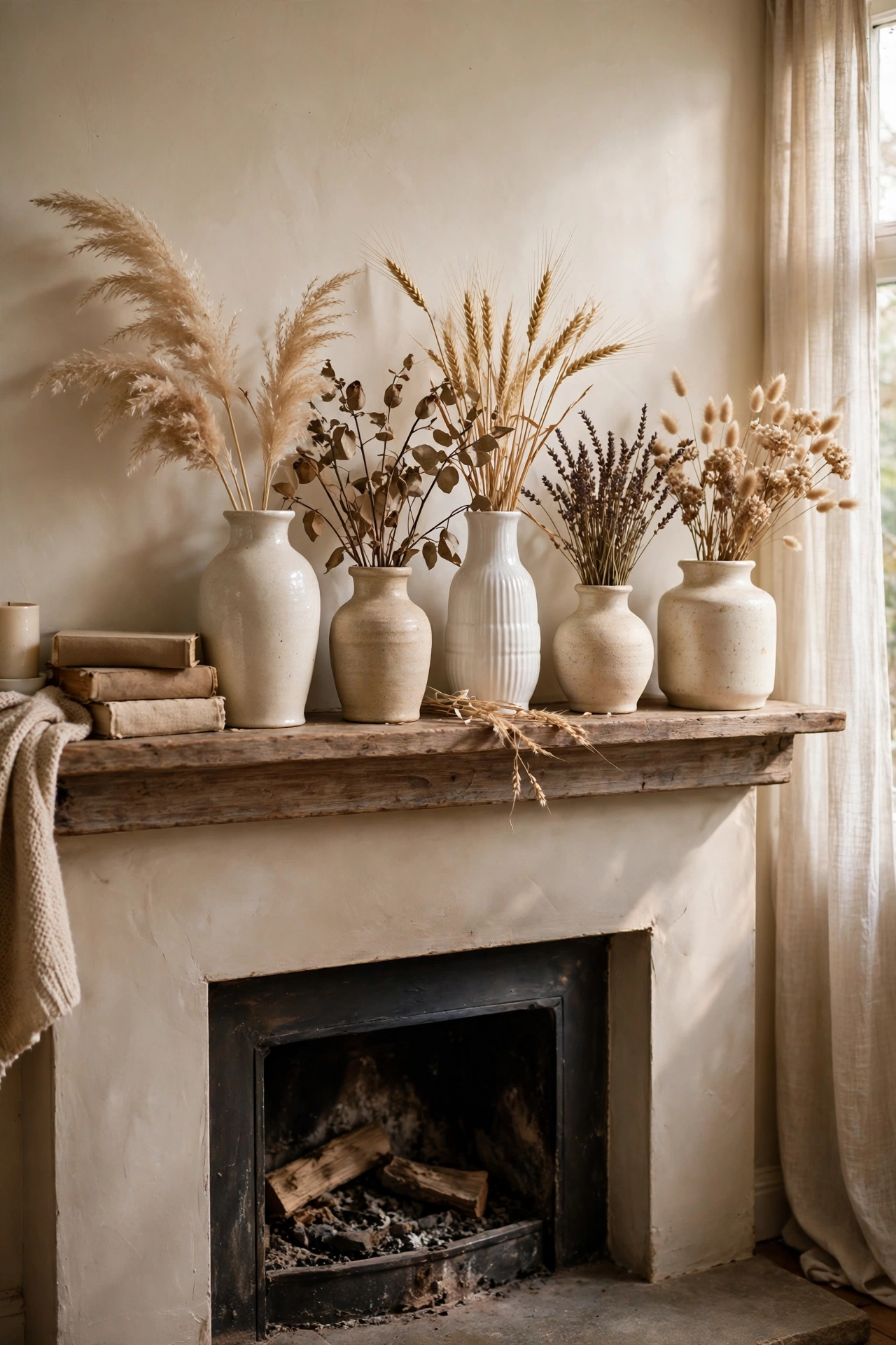 Mantel with five thrifted vases in cream and beige tones