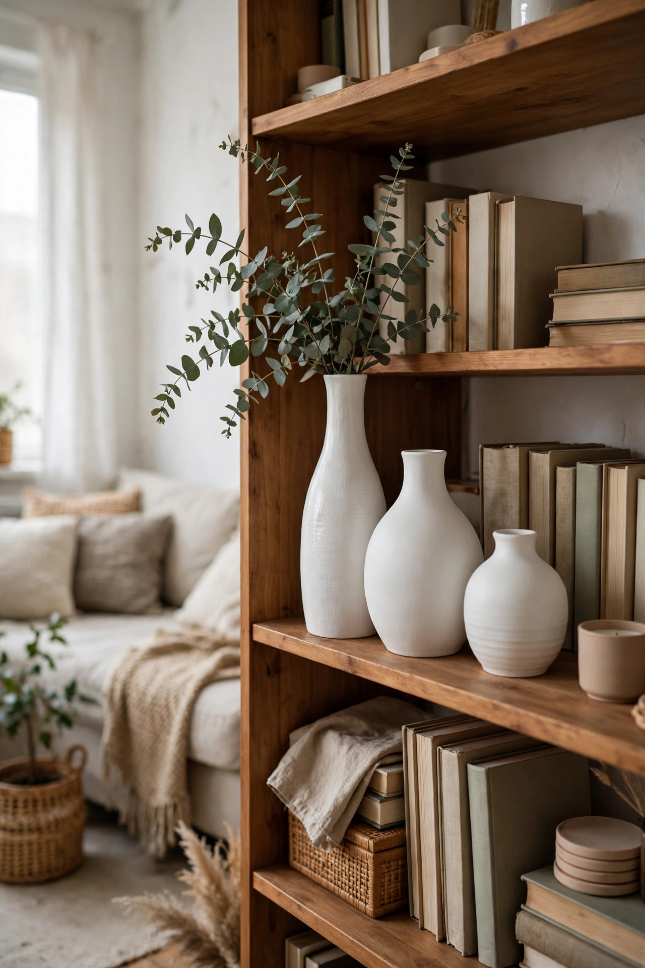 Three white Dollar Tree vases with eucalyptus grouped on apartment bookshelf