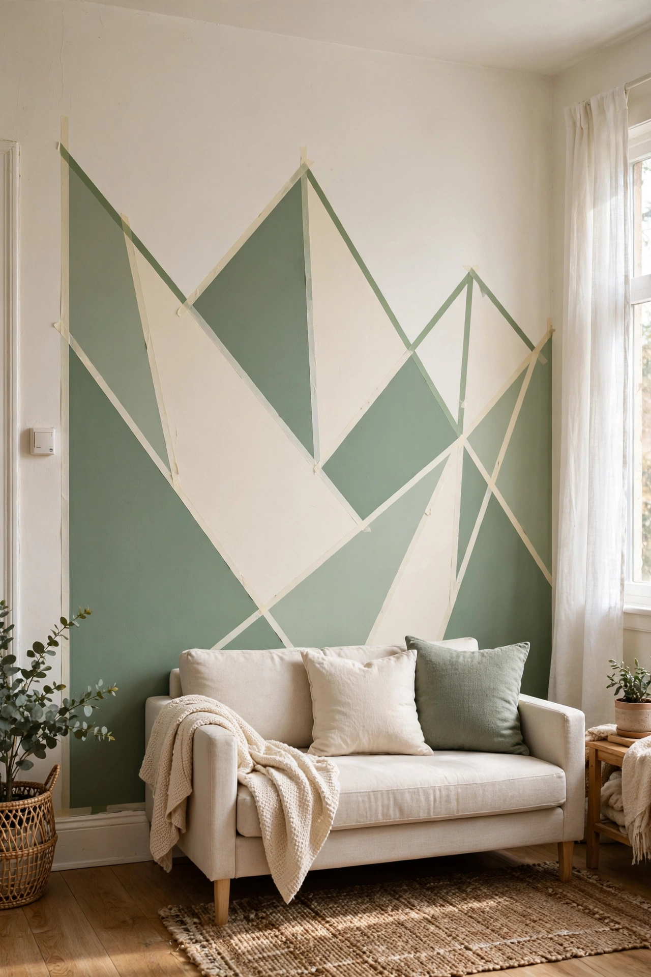 Geometric mountain wall art made with painters tape and sample paint in rental living room