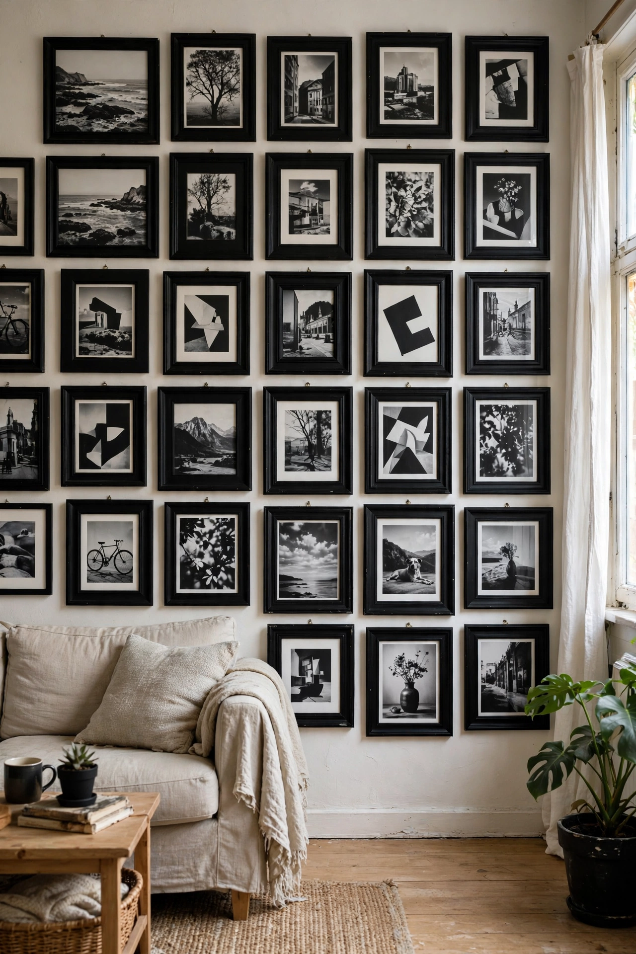Gallery wall of thrifted frames spray painted matte black in apartment living room