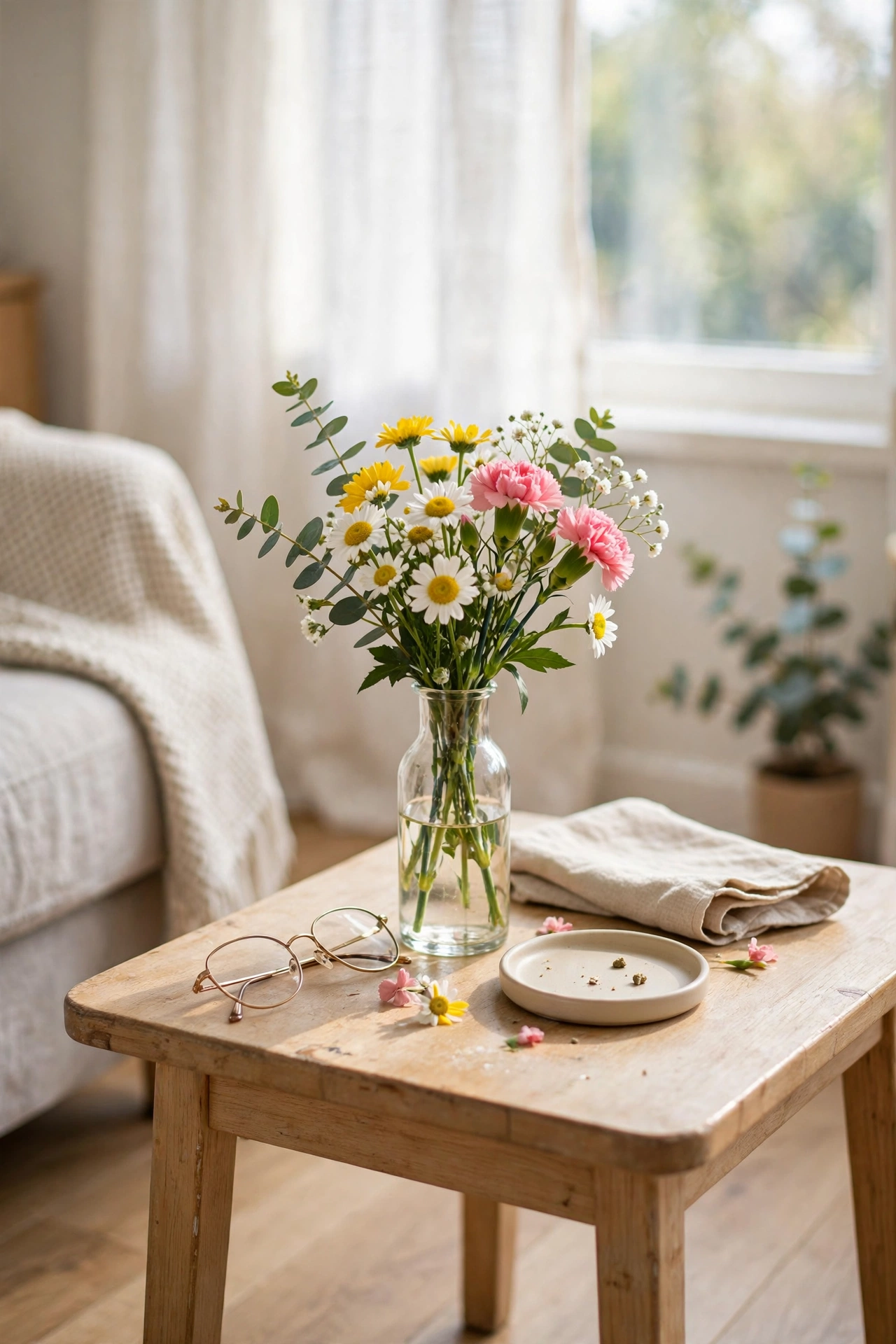 Grocery store flower bouquet split into bud vases on apartment coffee table