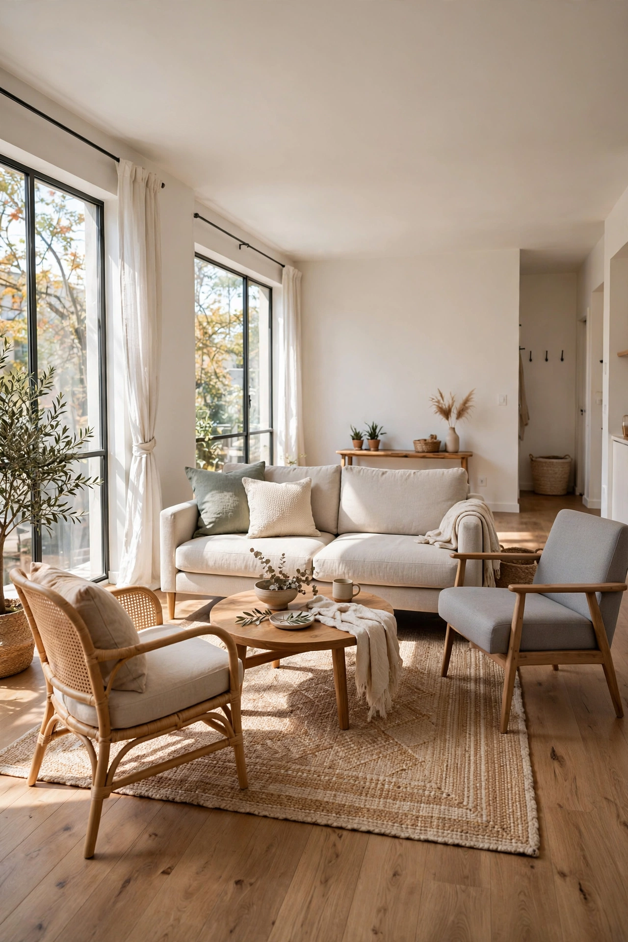 Apartment living room furniture floated away from walls in conversation grouping