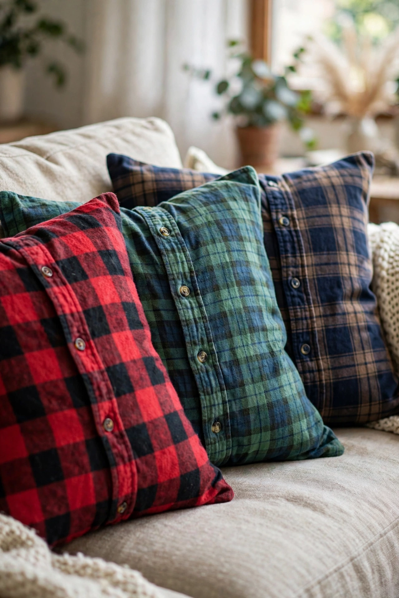 Throw pillows made from thrifted flannel shirts no sew covers on apartment sofa