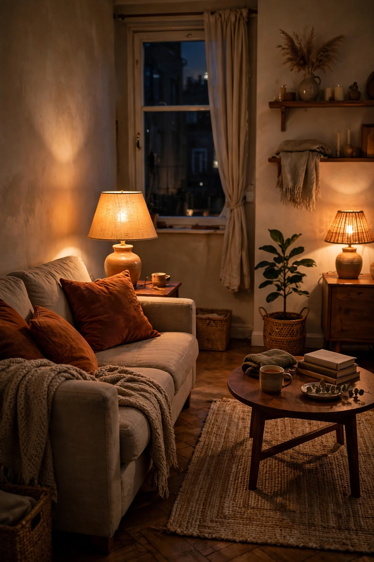Apartment living room glowing with warm 2700K LED bulbs in the evening