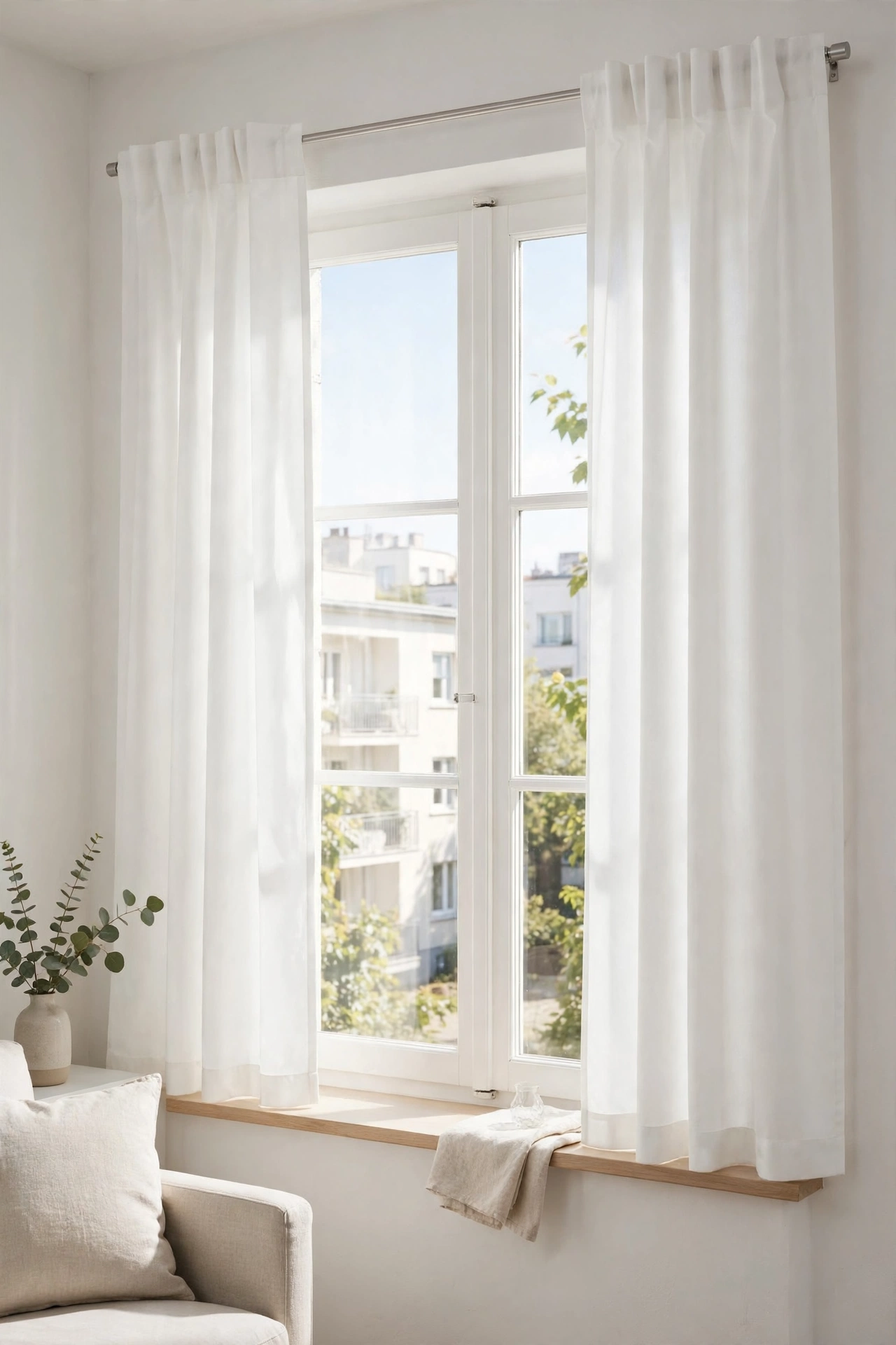 IKEA RITVA white curtains ironed crisp on tension rod in apartment window