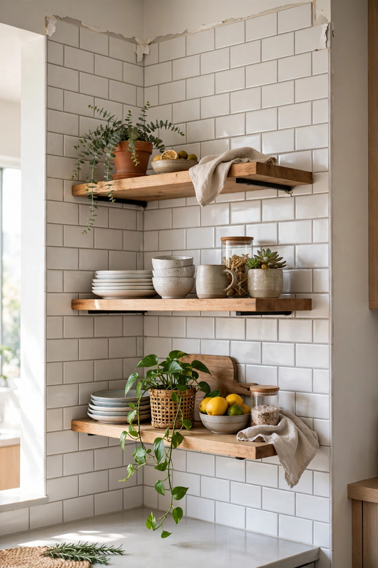 Peel and stick subway tile behind open kitchen shelves in apartment