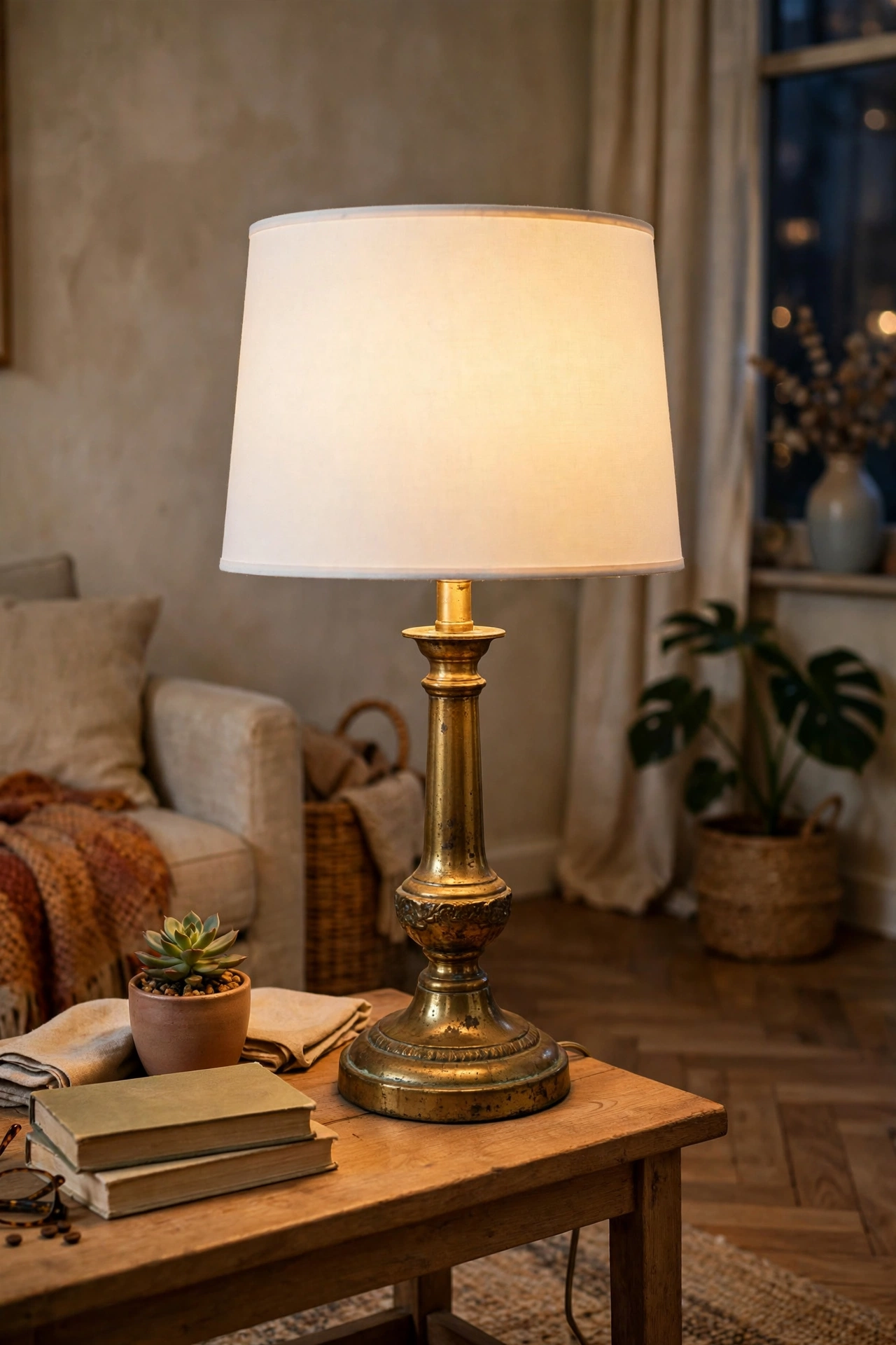 Thrifted brass lamp base with new white drum shade in apartment living room