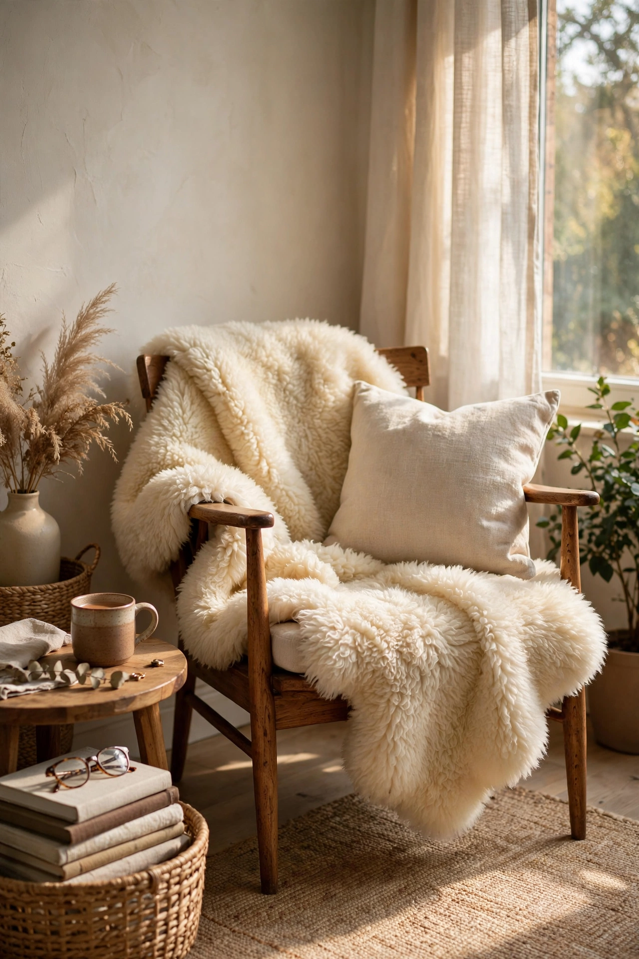 Faux sheepskin throw draped over armchair in cozy apartment living room