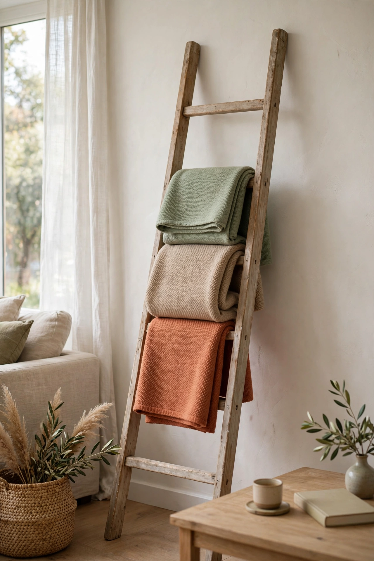 Leaning blanket ladder with folded throws on apartment living room wall
