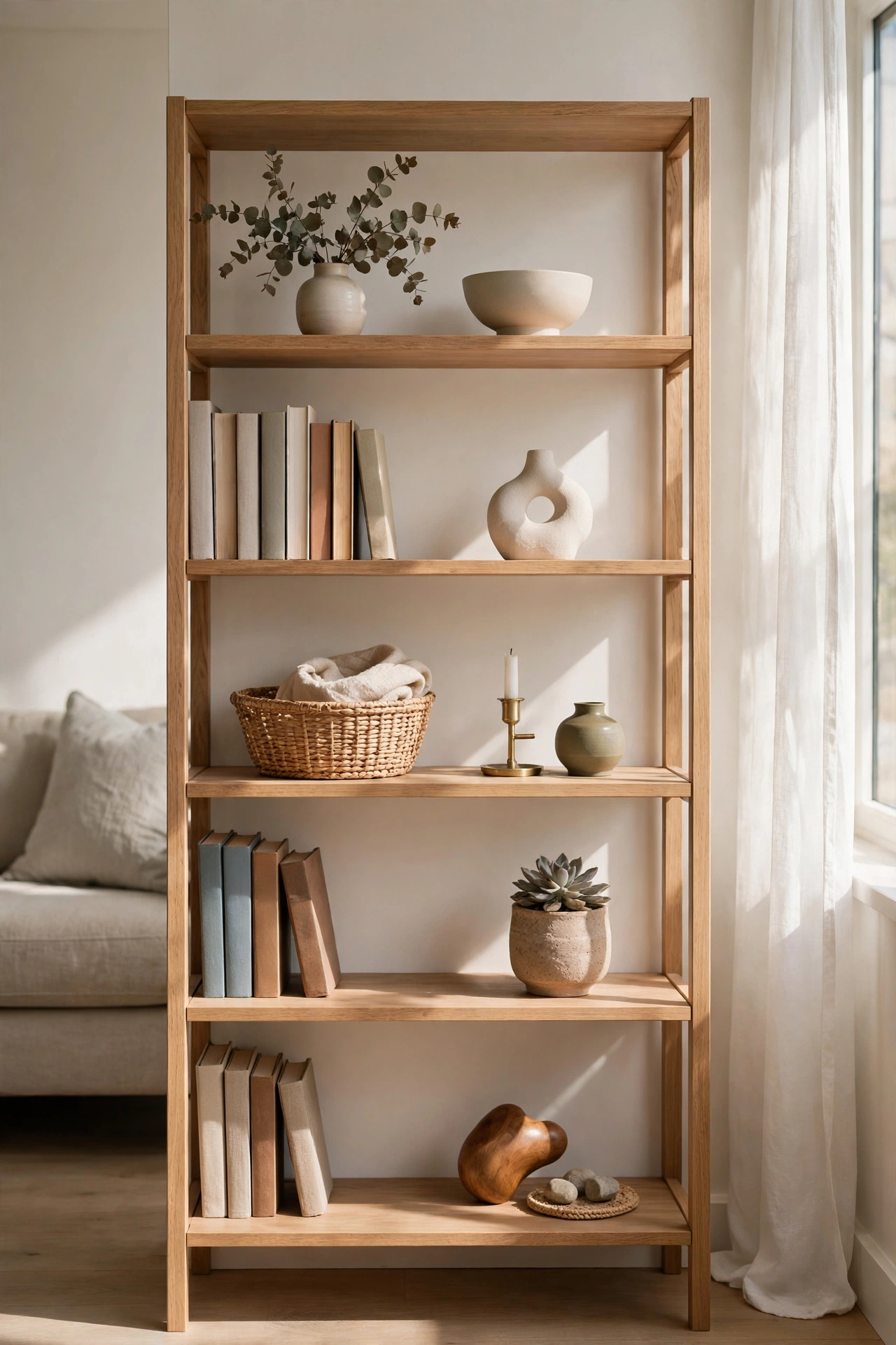 Edited bookshelf with breathing room and styled objects in apartment