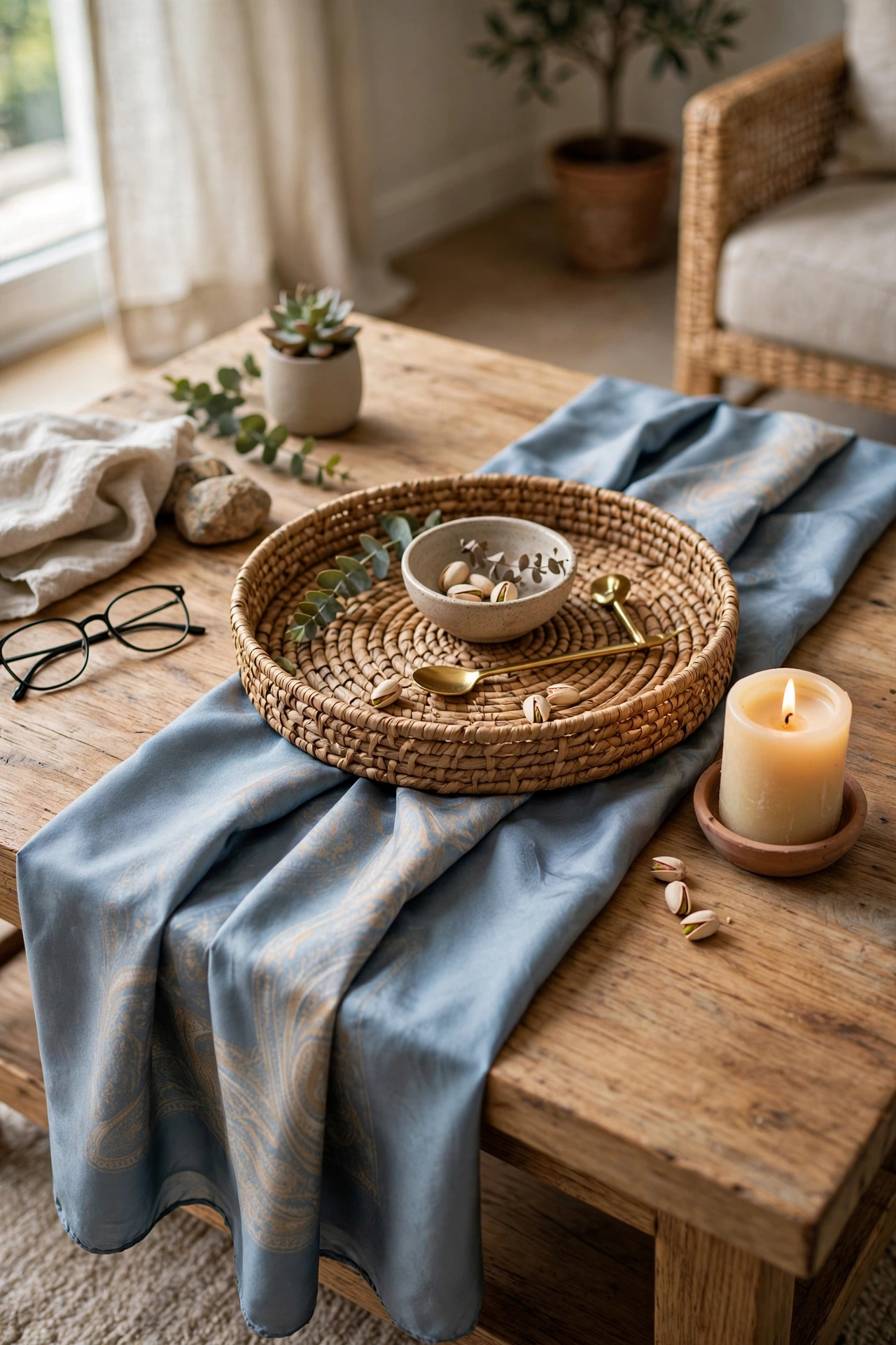 Woven tray and silk scarf repurposed as living room decor on coffee table