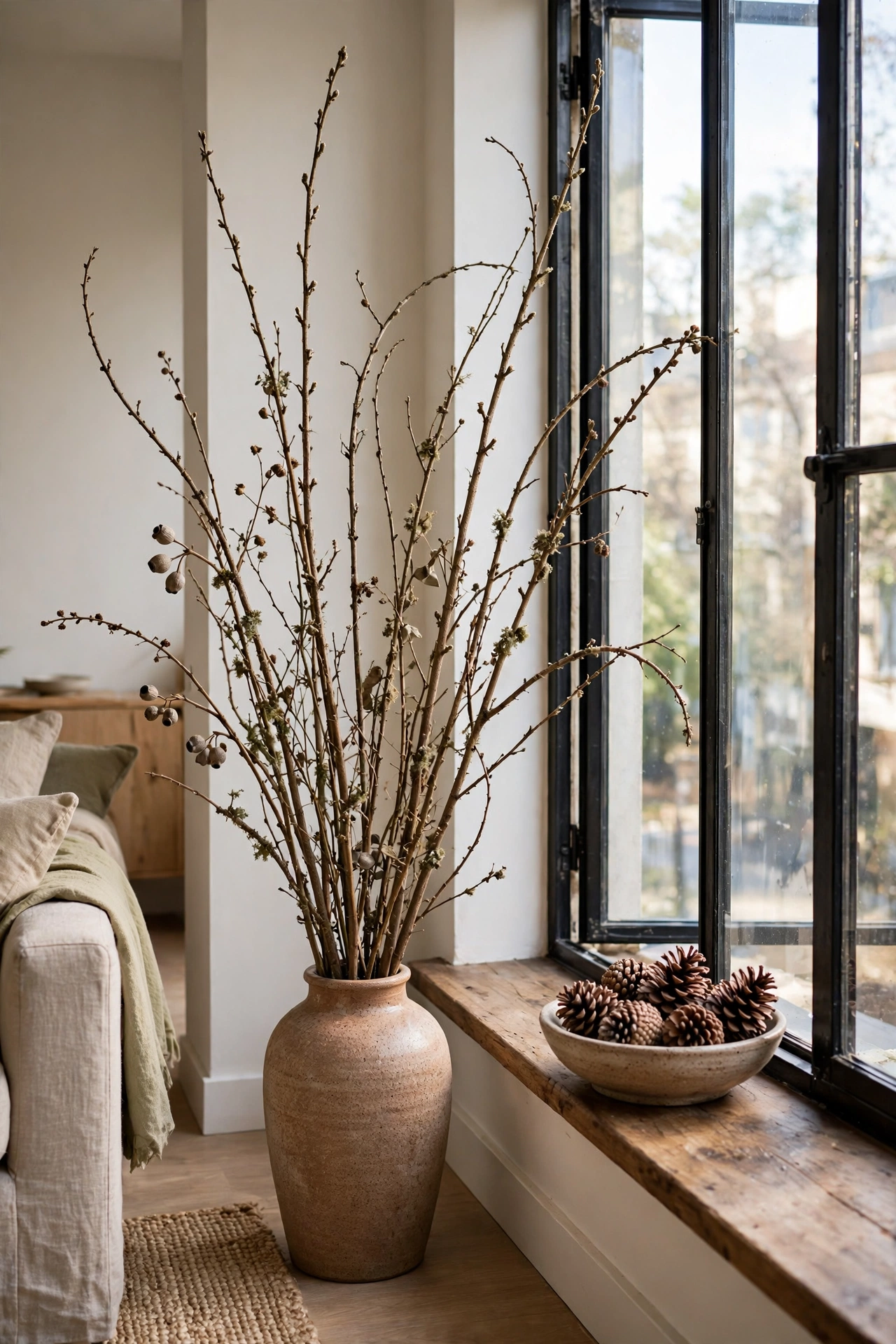 Foraged branches in floor vase as free decor in apartment living room