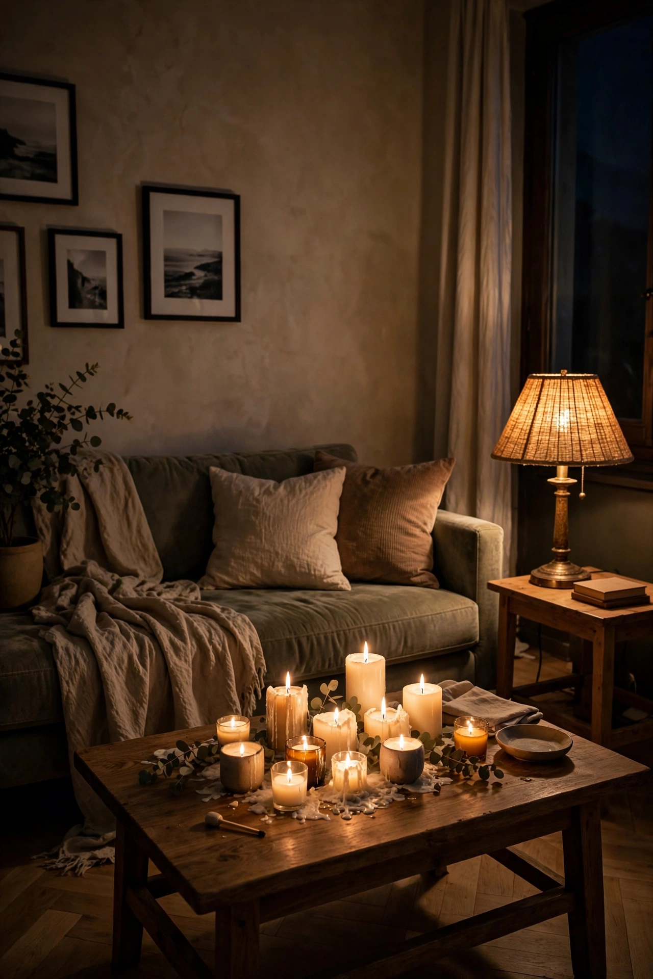 Apartment living room lit only by grouped candles after dark