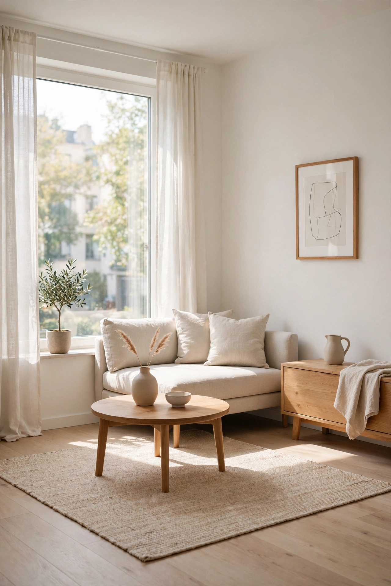 Tidy minimal apartment living room following one in one out rule