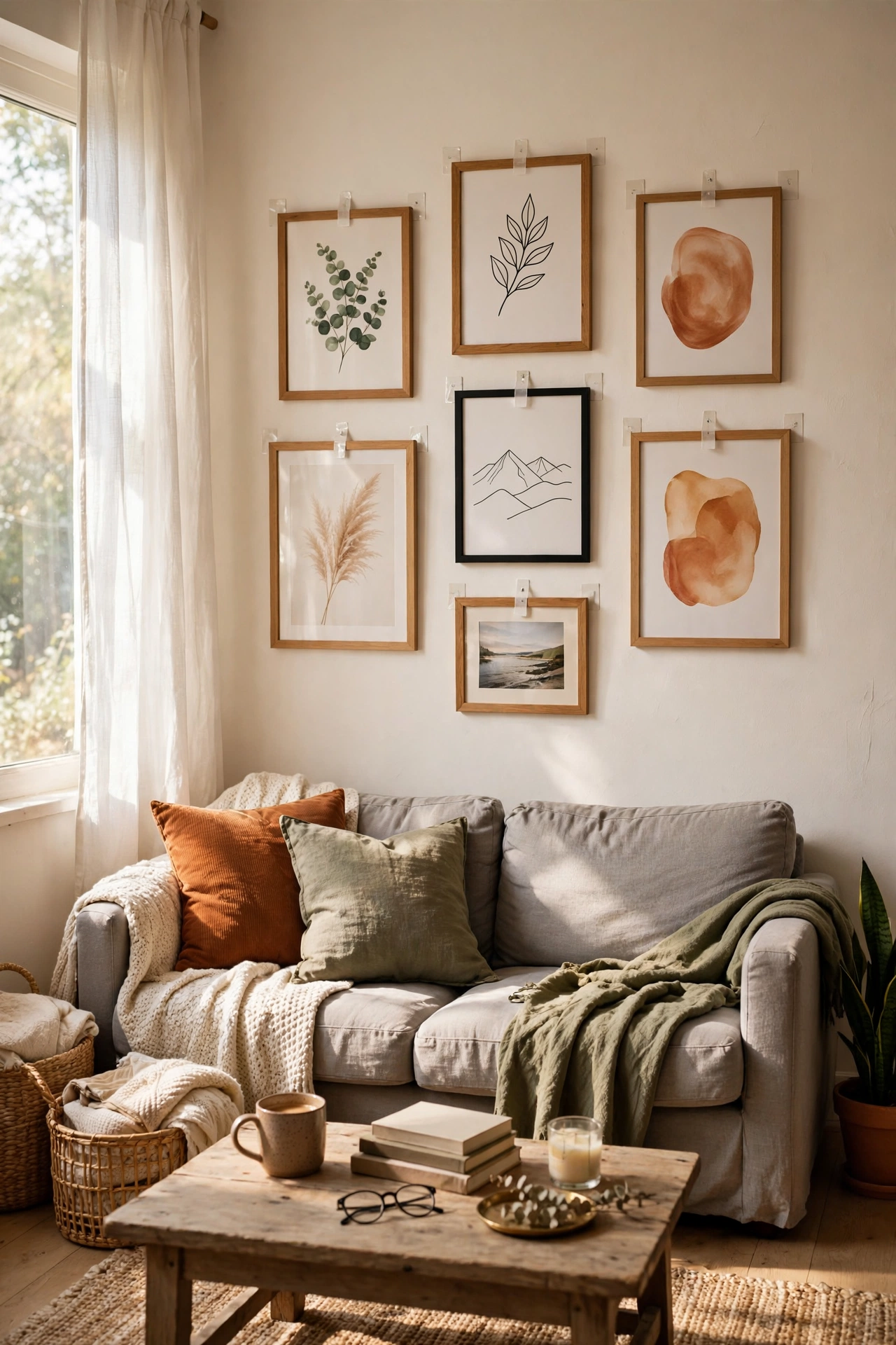 Rental living room gallery wall hung entirely with adhesive strips
