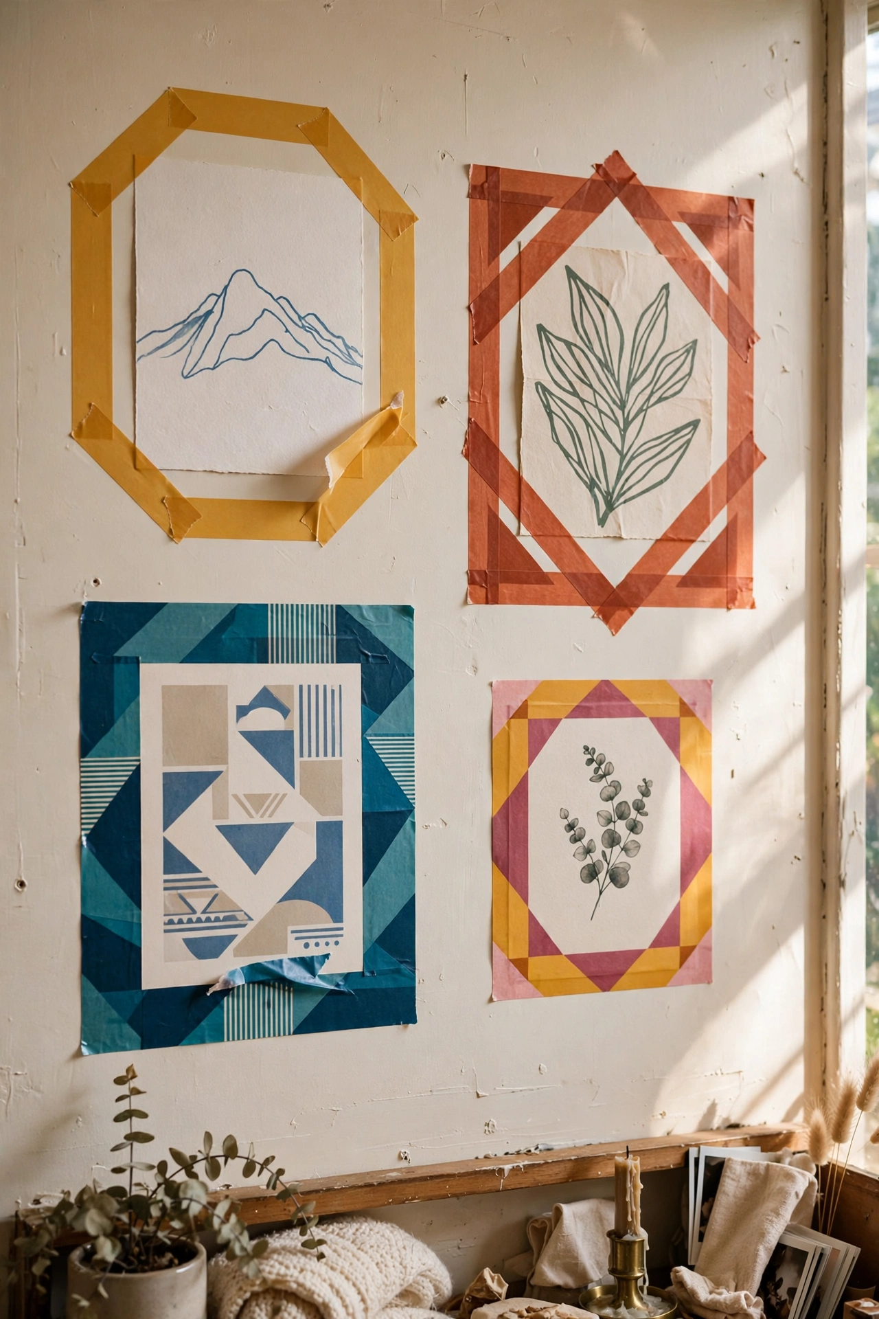 Washi tape geometric frame borders on a rental bedroom wall