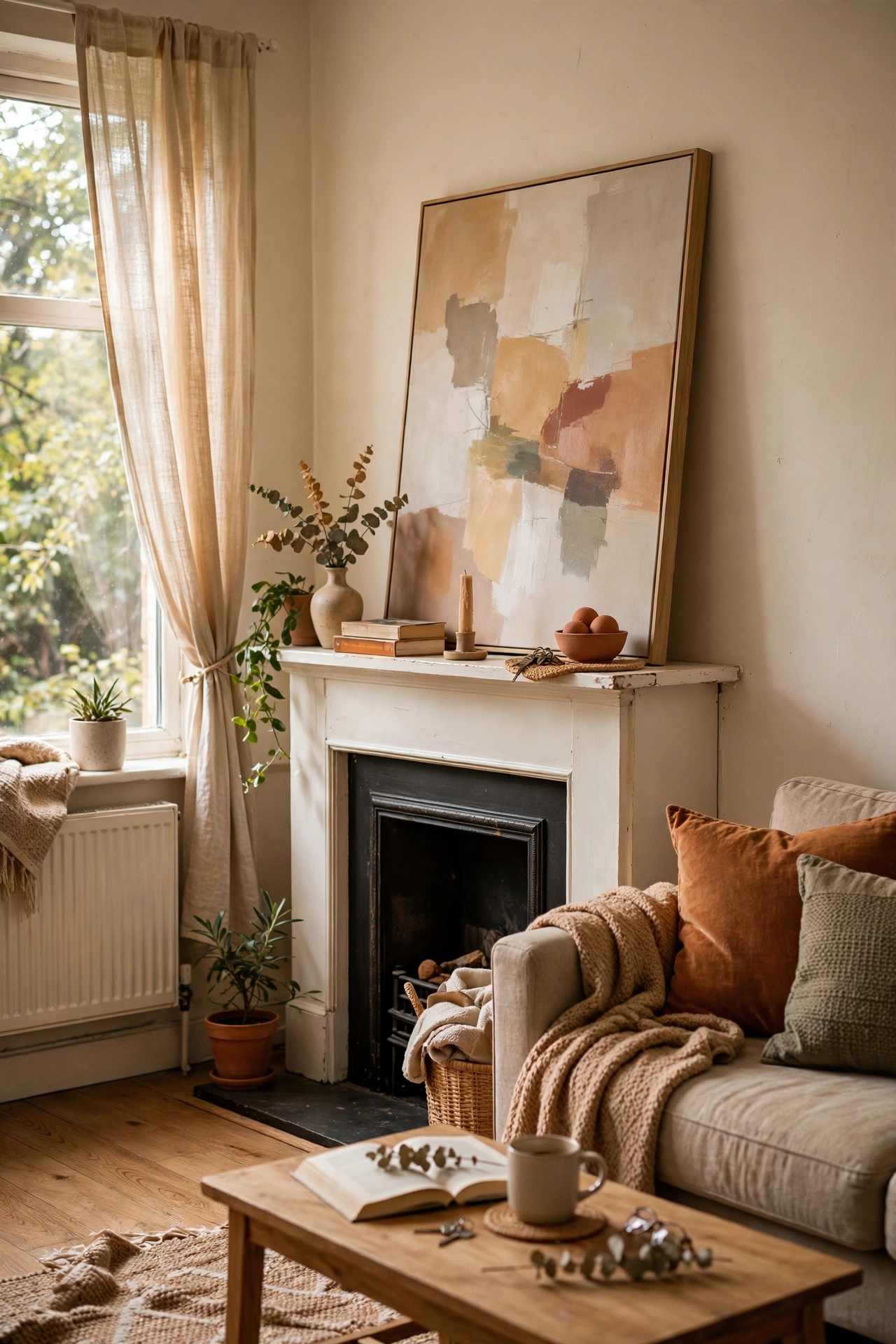 Large canvas art leaned against a wall on a mantel in a rental