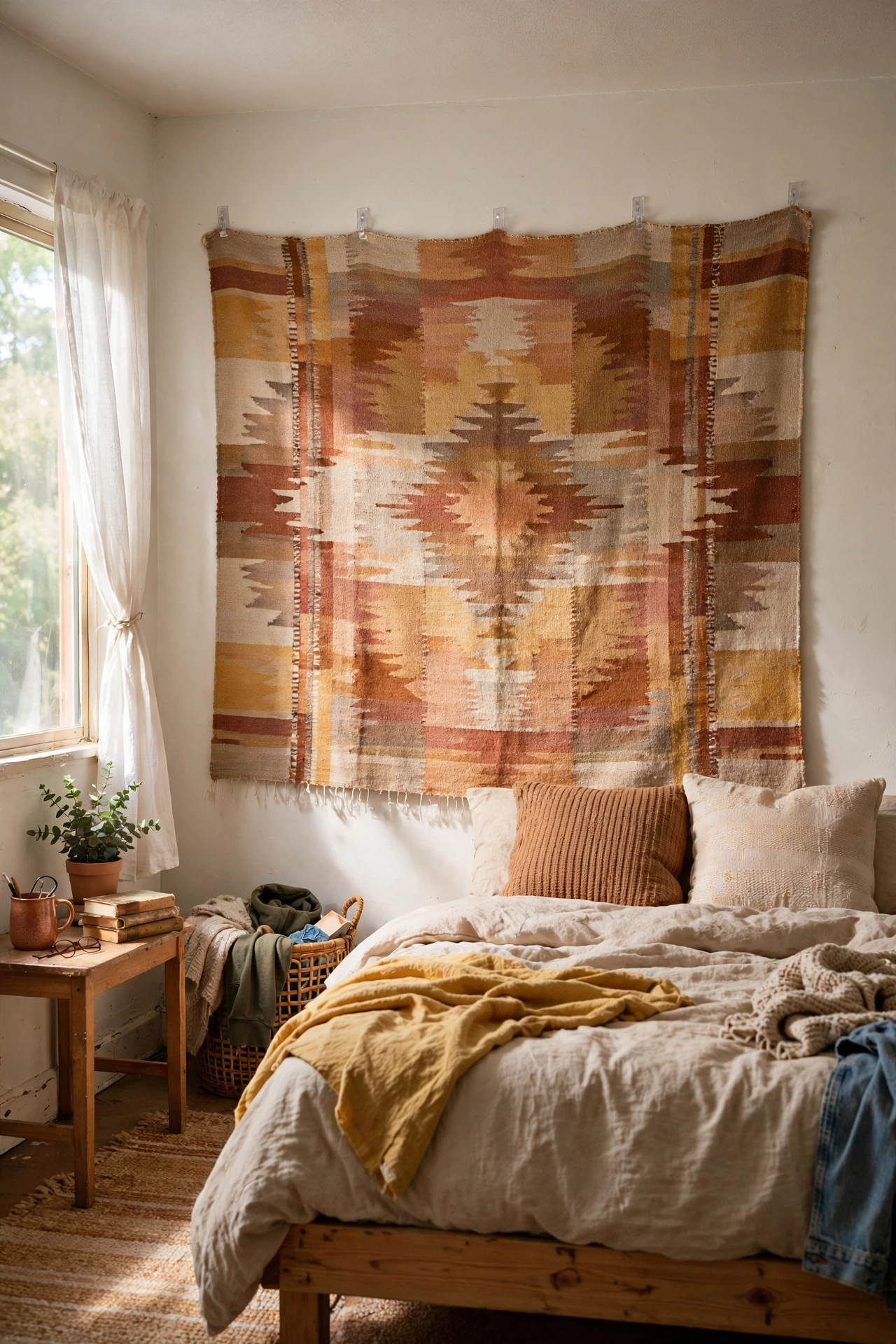 Woven tapestry hung with removable hooks on a rental bedroom wall