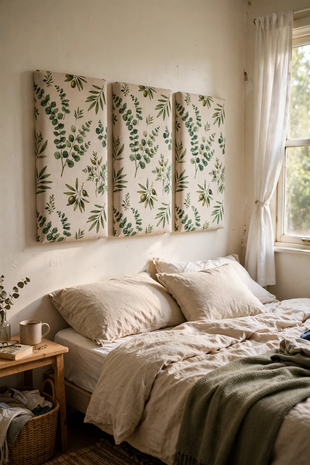 Foam boards wrapped in botanical fabric as wall panels in a rental