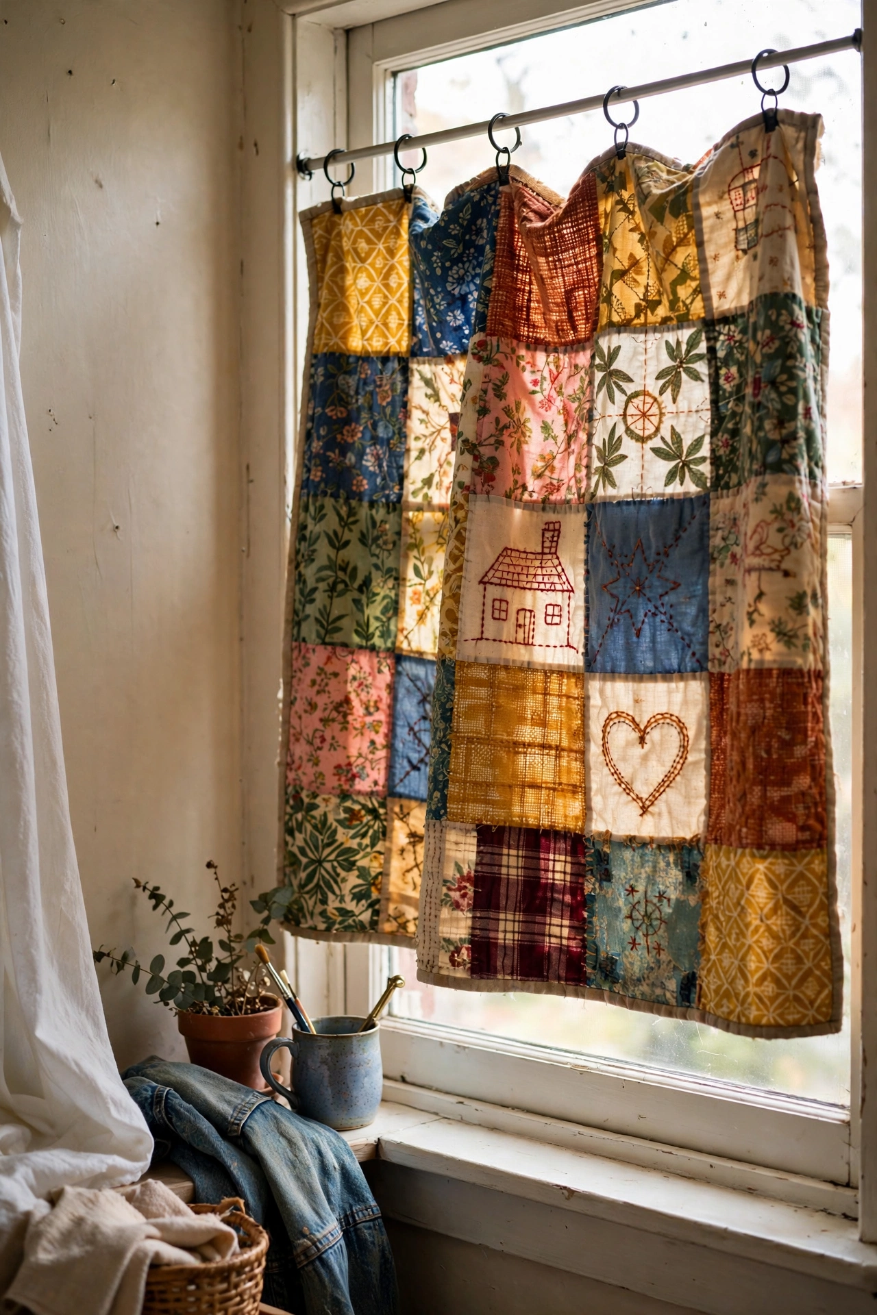 Family quilt hung on clip rings from a tension rod in a window