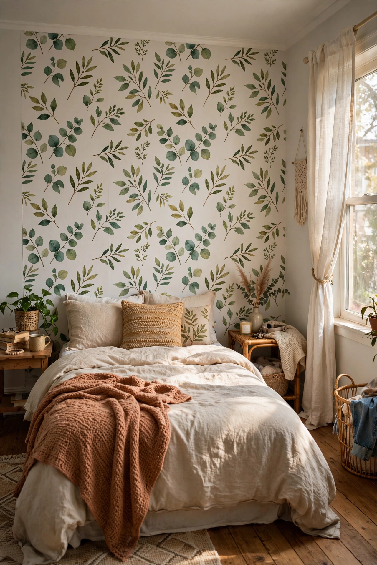 Rental bedroom with one peel-and-stick botanical wallpaper accent wall