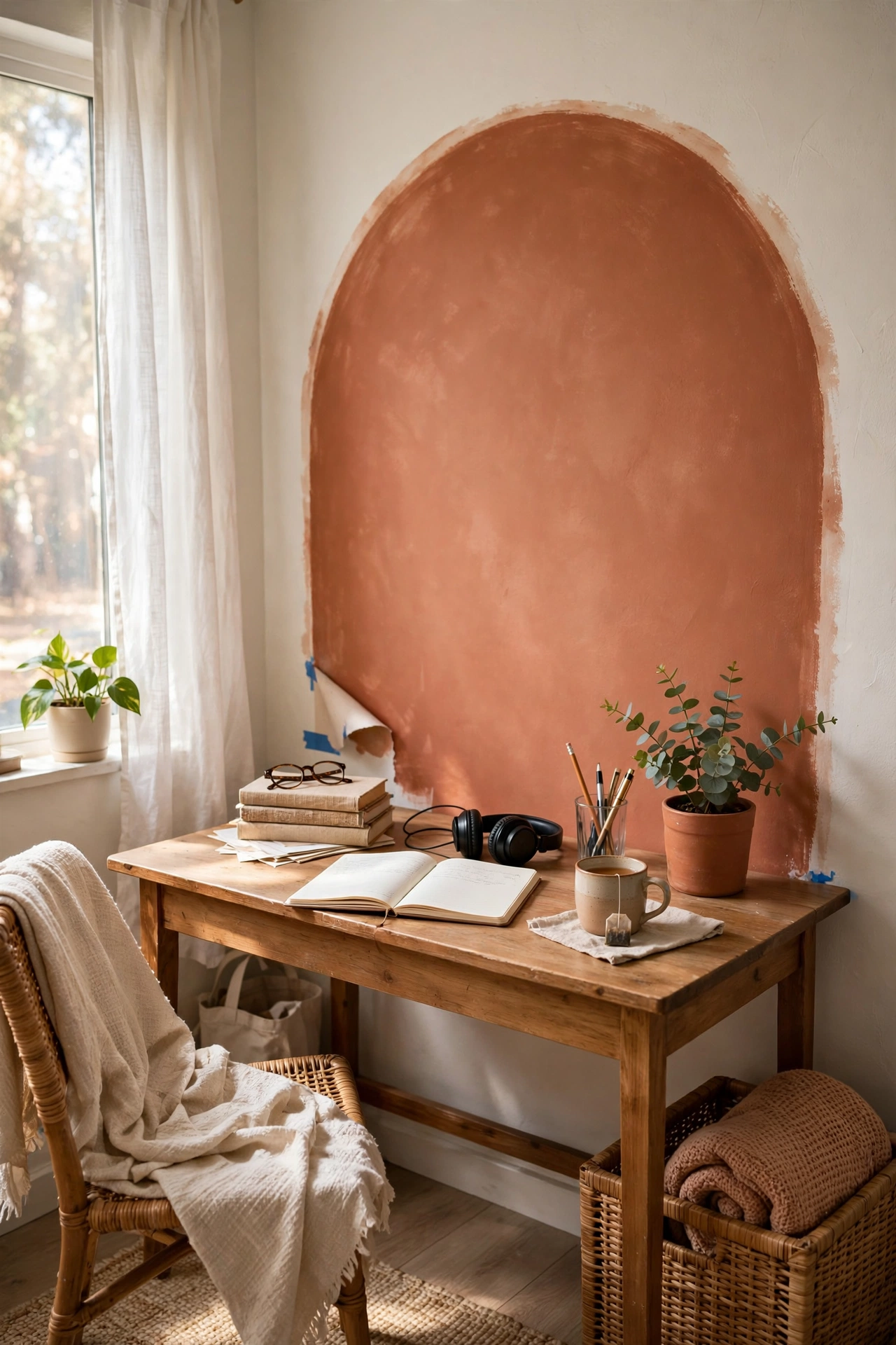 Terracotta arch wall decal behind a desk in a rental home office