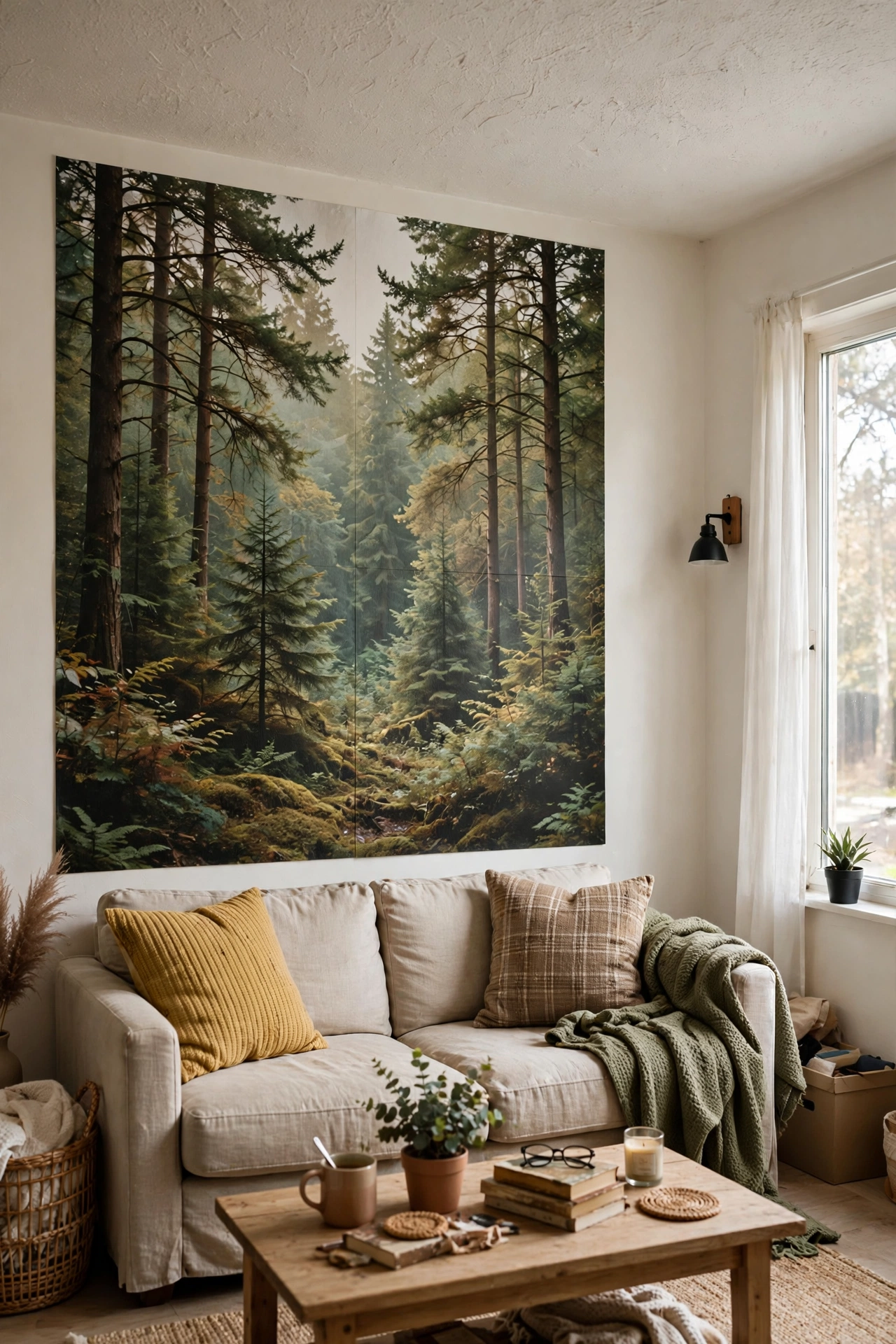 Peel-and-stick forest mural panel behind a sofa in a rental living room