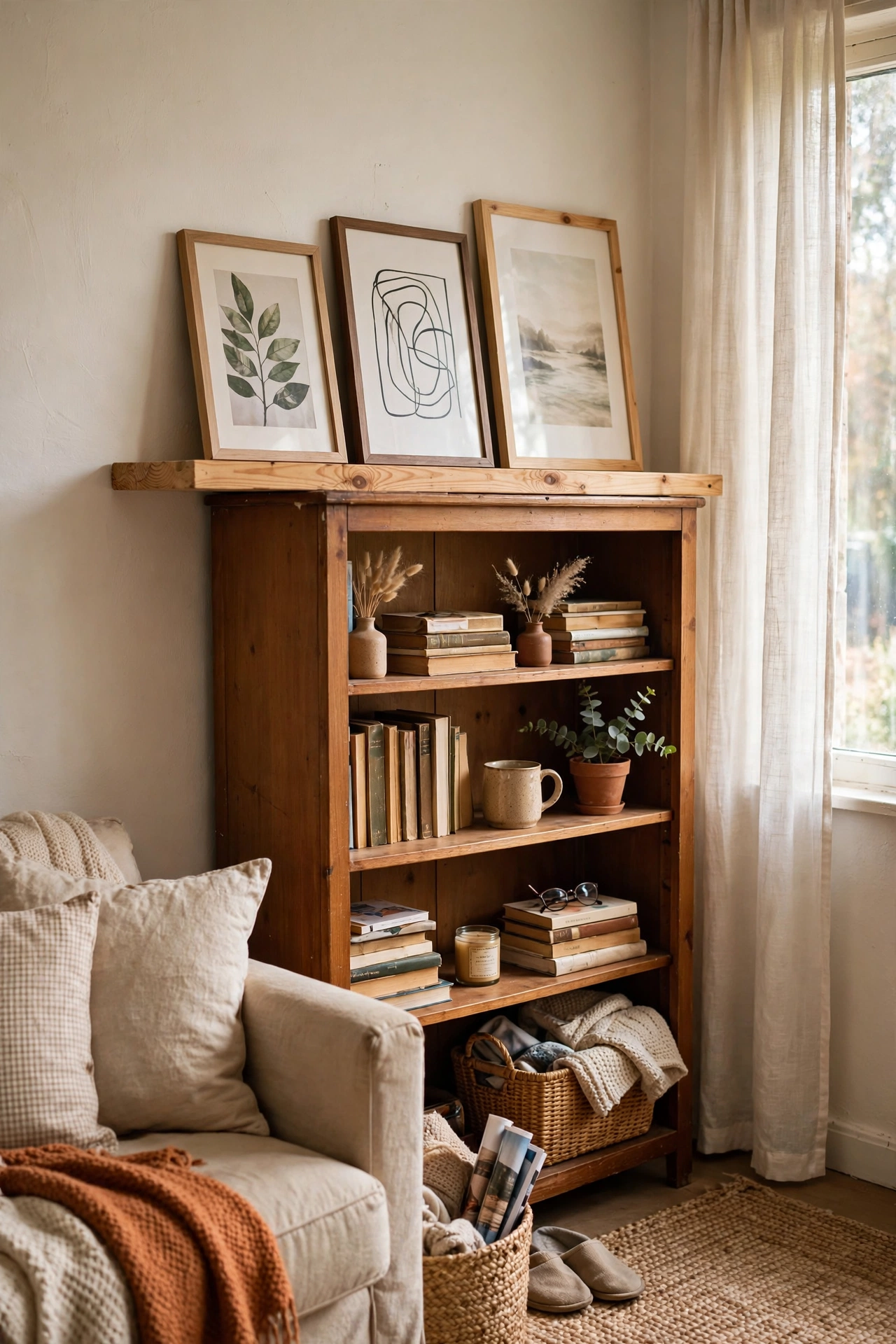 Pine board picture ledge resting on a bookcase with leaning prints