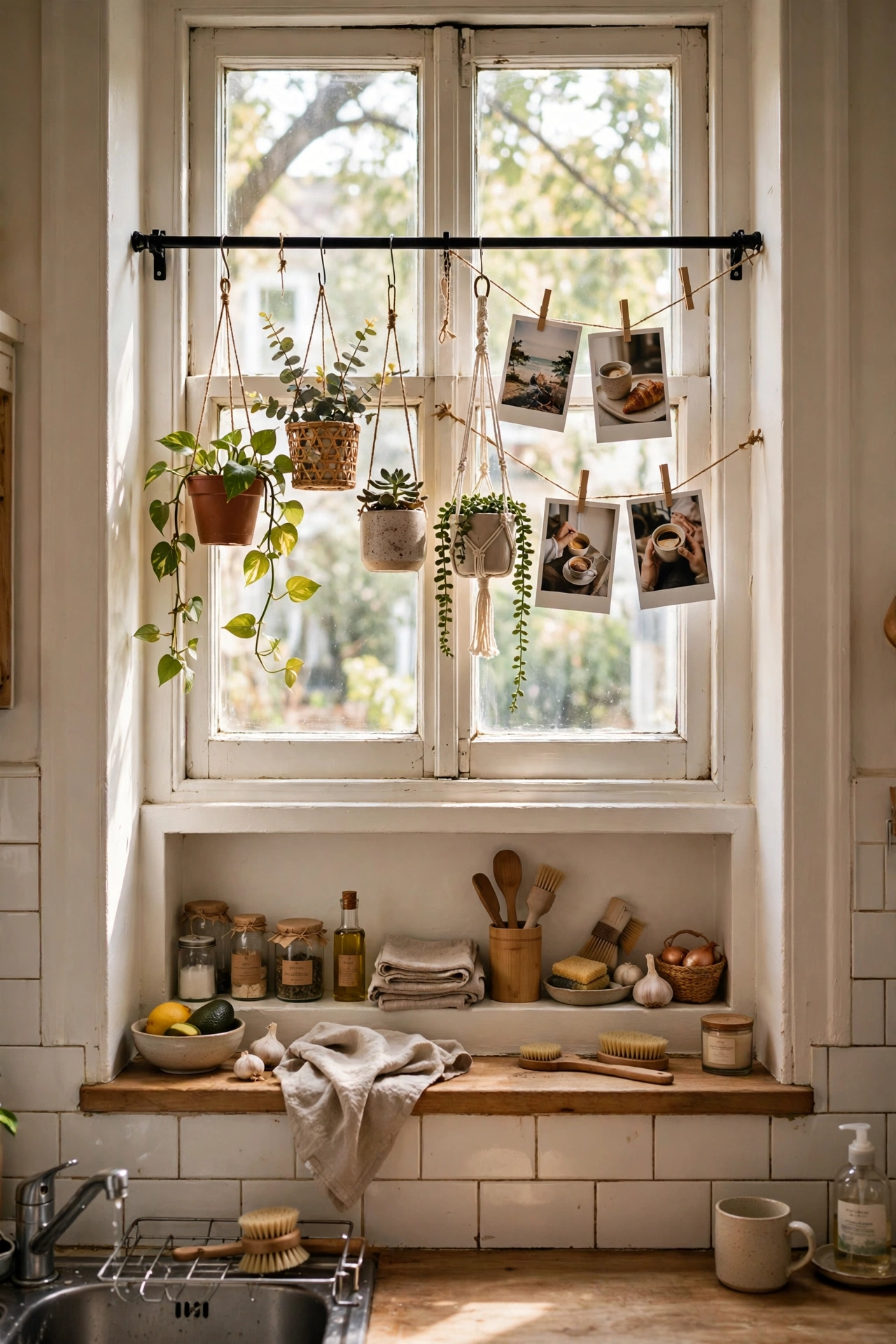Tension rod inside a kitchen window holding hanging plants