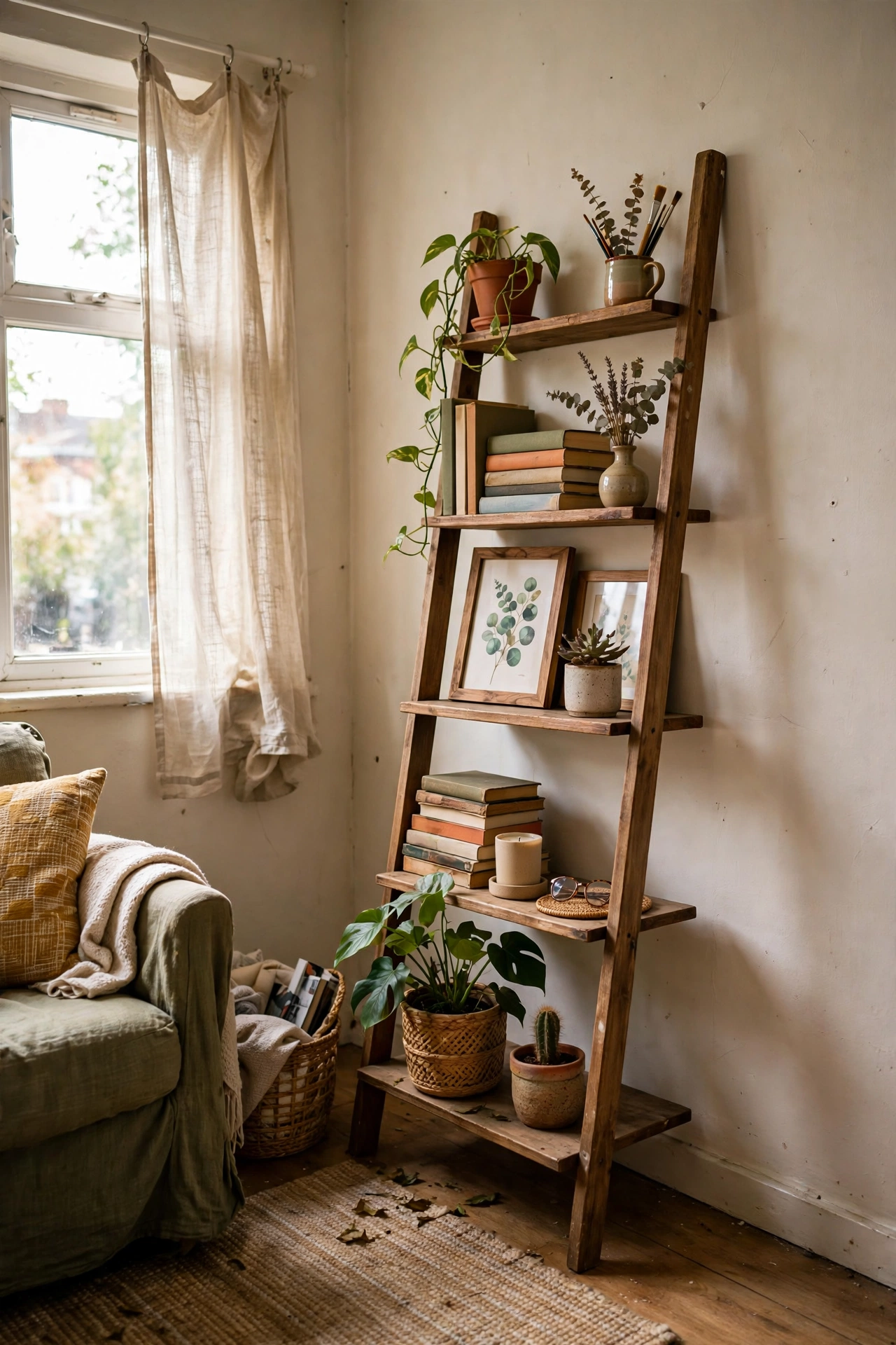 Leaning ladder shelf with plants and art against a rental wall