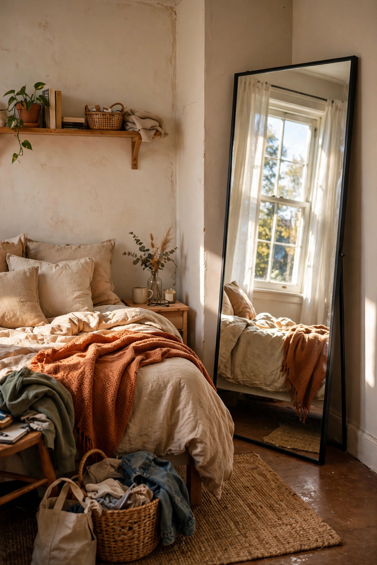 Full-length mirror leaned in a rental bedroom corner reflecting a window