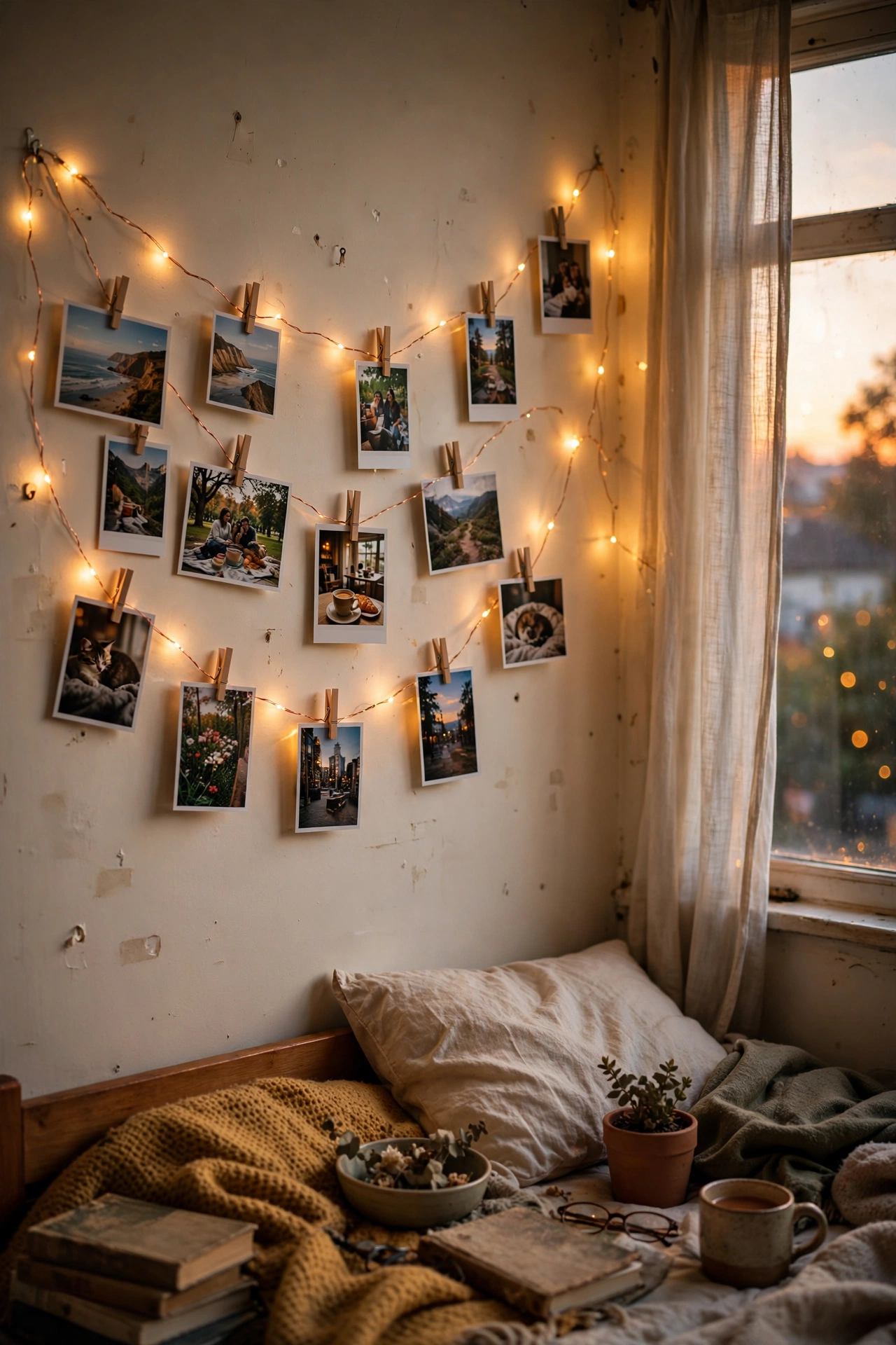 Bedroom wall with copper fairy lights and clipped photos glowing