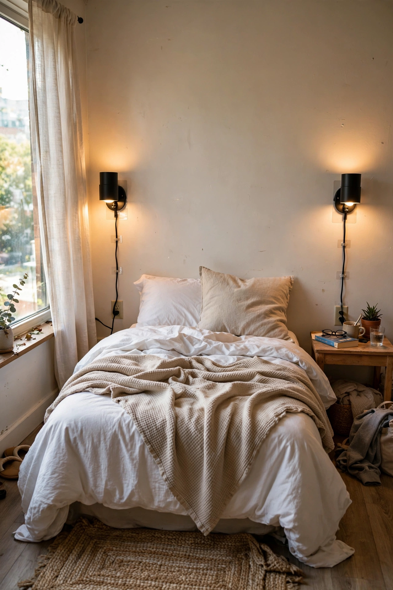 Plug-in wall sconces flanking a bed in a rental bedroom