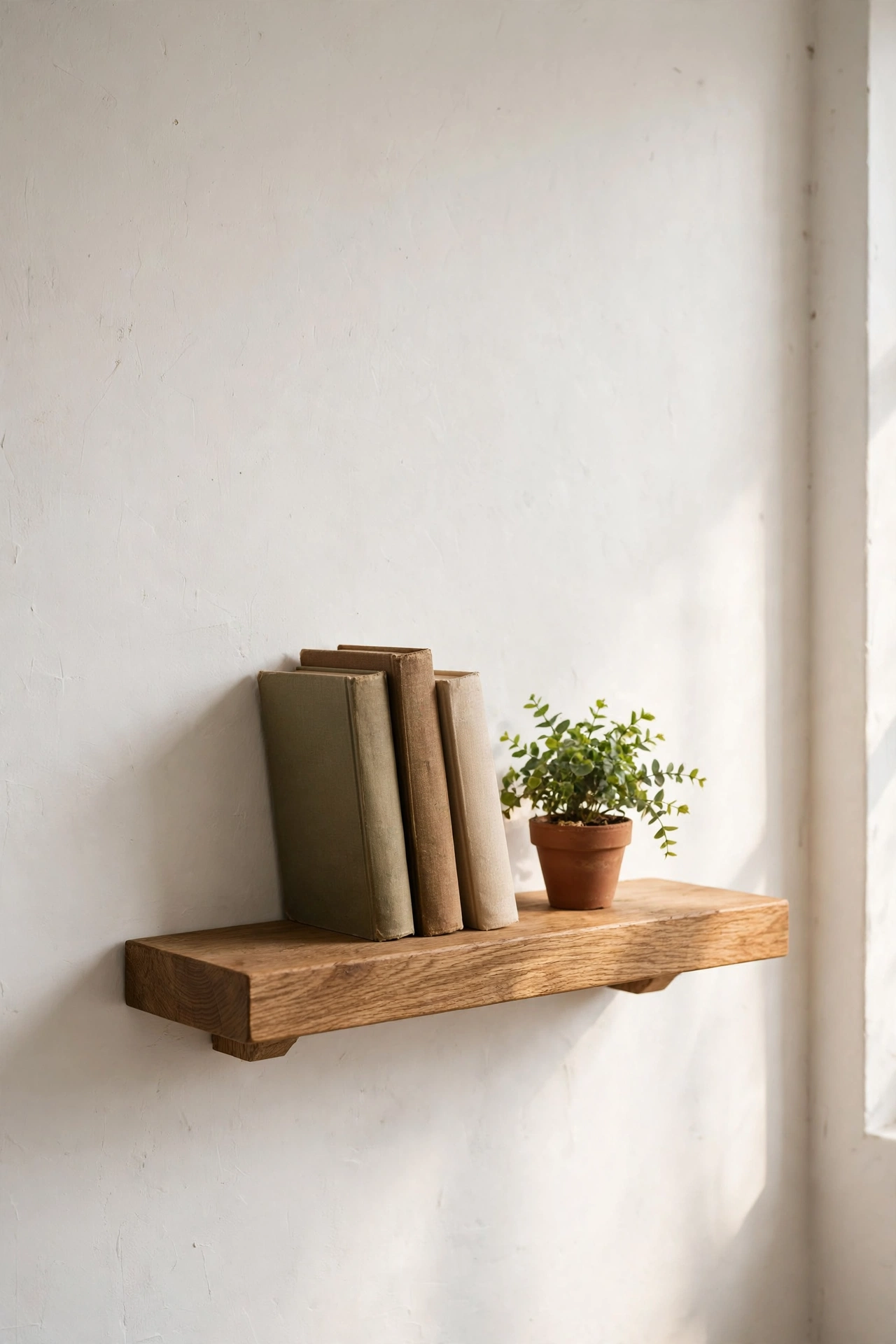 Floating oak shelf with three books and a small plant on a white wall