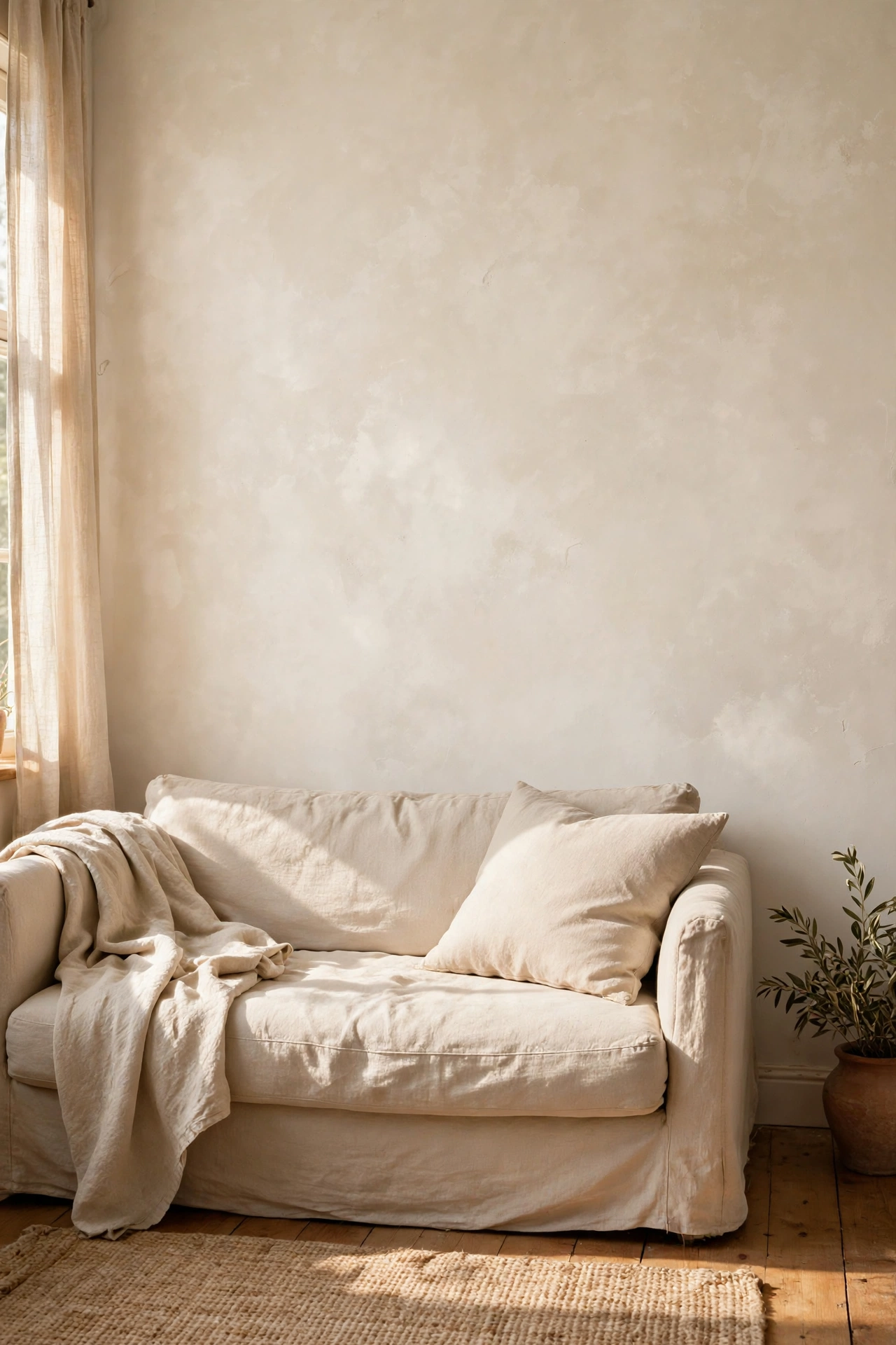 Limewashed accent wall with soft cloudy texture behind a beige sofa