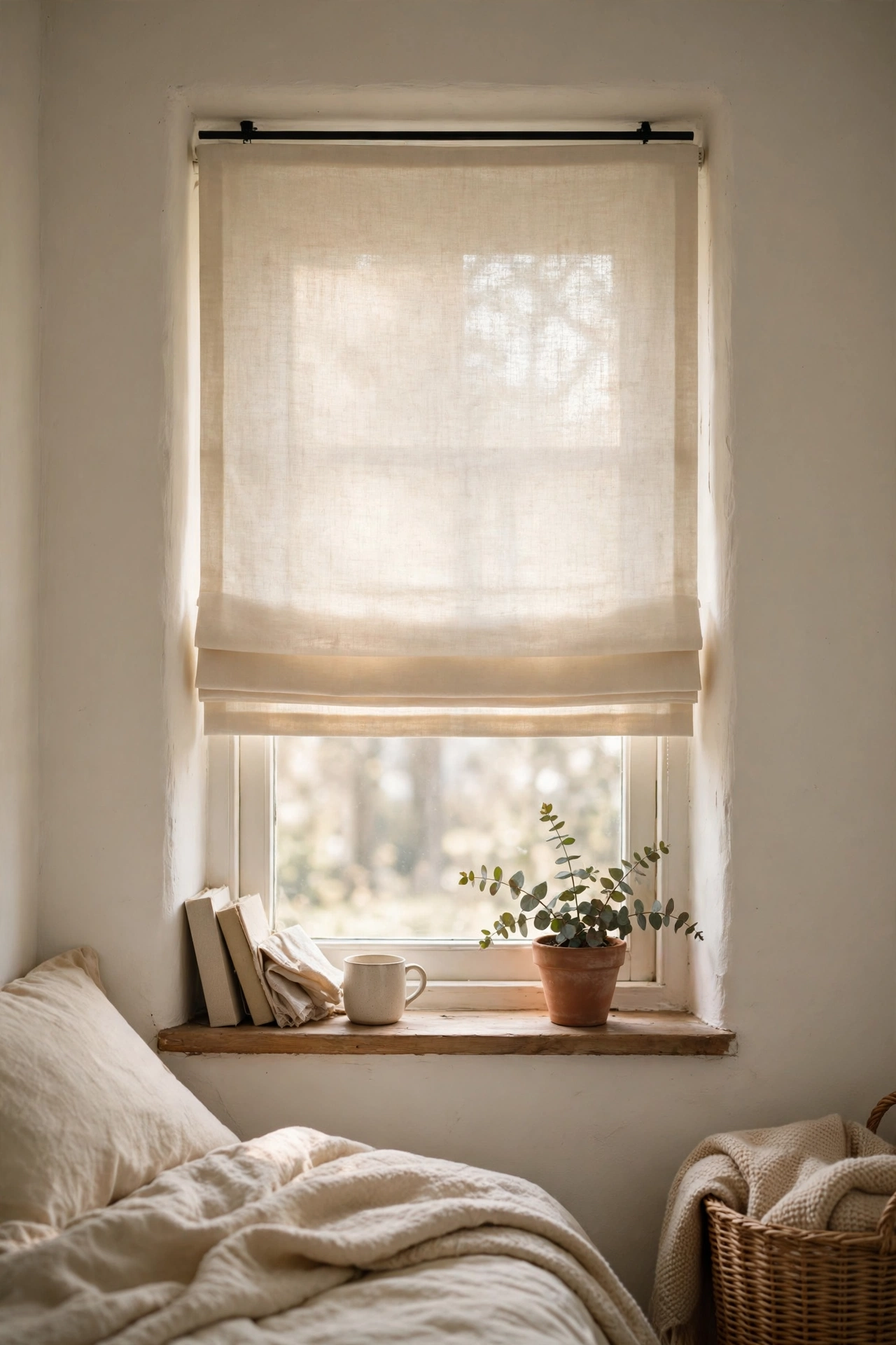 Cream linen roman shade made from a flat sheet on a bedroom window