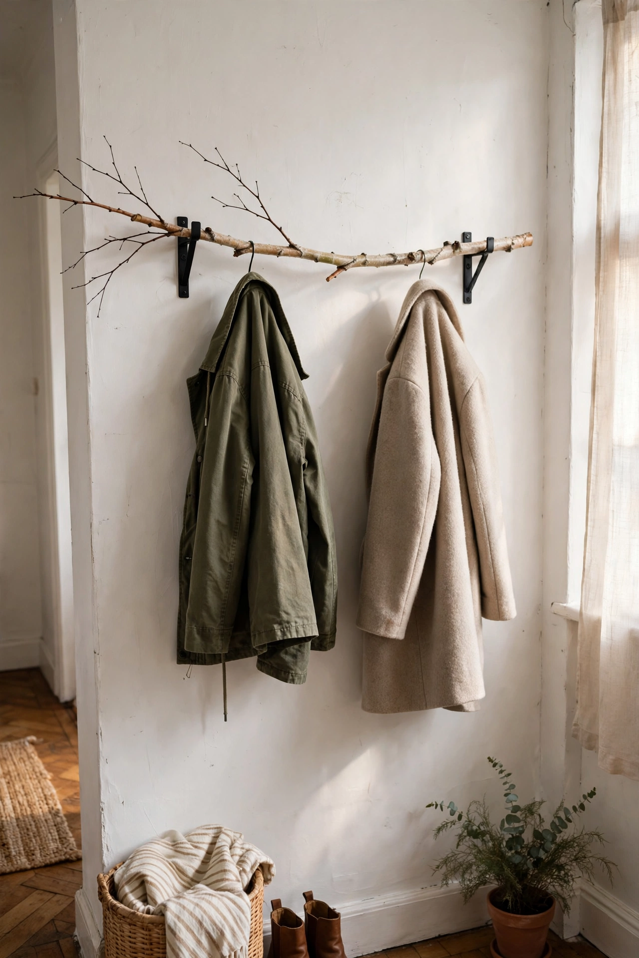 Bare birch branch coat rack mounted on a hallway wall