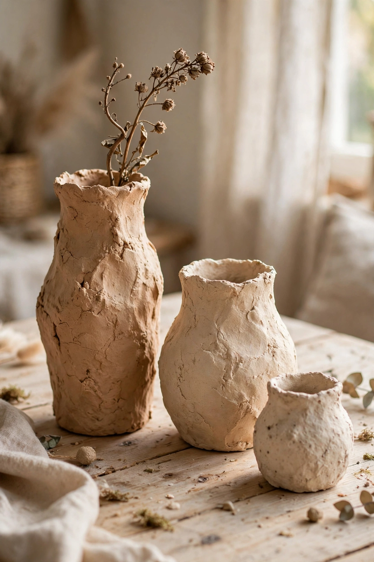 Three handmade paper clay vases in organic shapes on a wooden table
